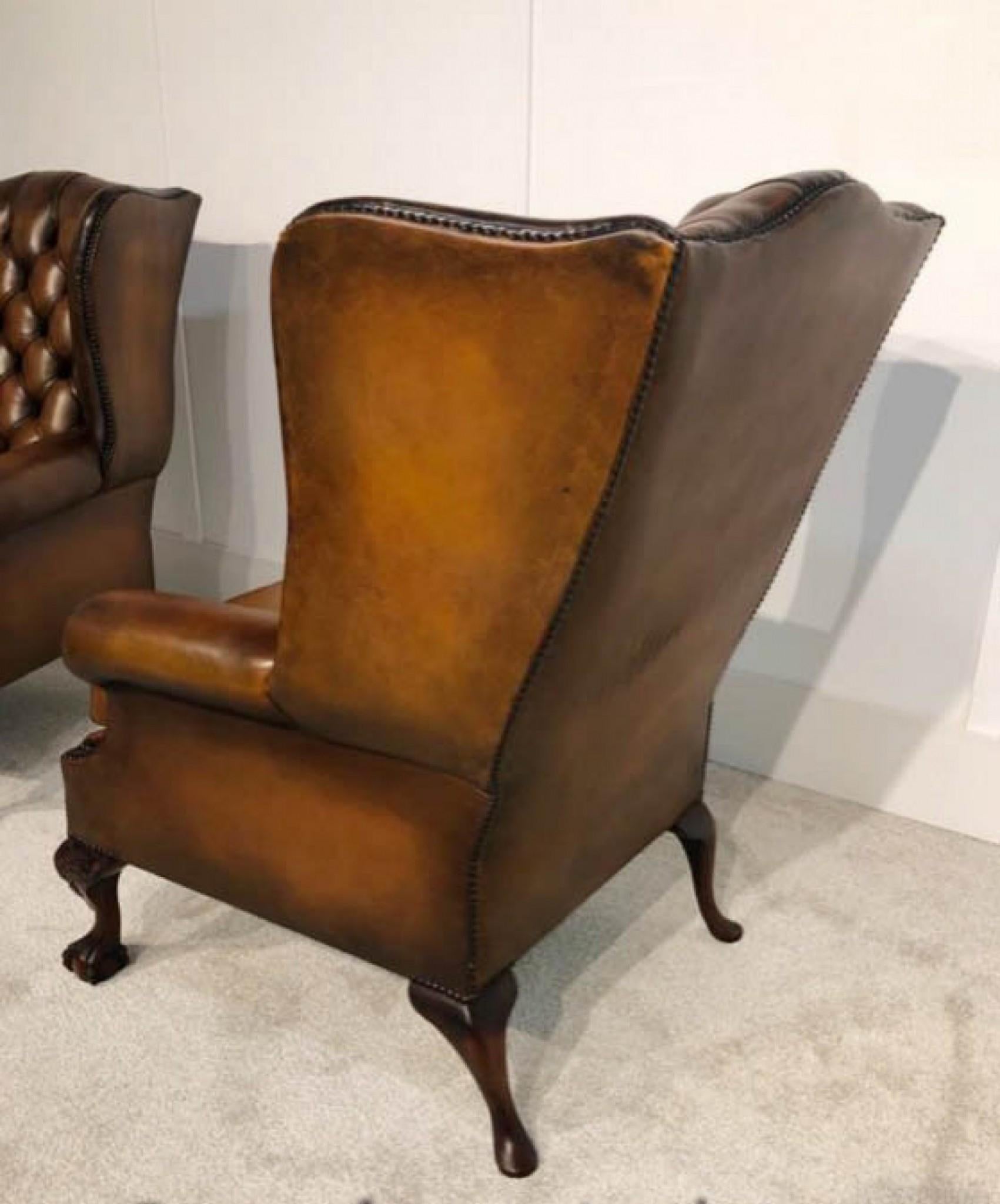 Pair Chesterfield Leather Chairs - Wingback Victorian Deep Button For Sale 5