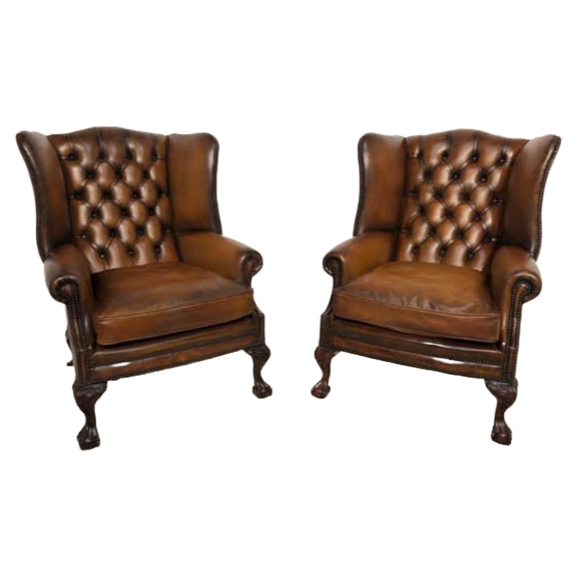 Pair Chesterfield Leather Chairs - Wingback Victorian Deep Button For Sale