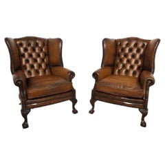 Pair Chesterfield Leather Chairs - Wingback Victorian Deep Button