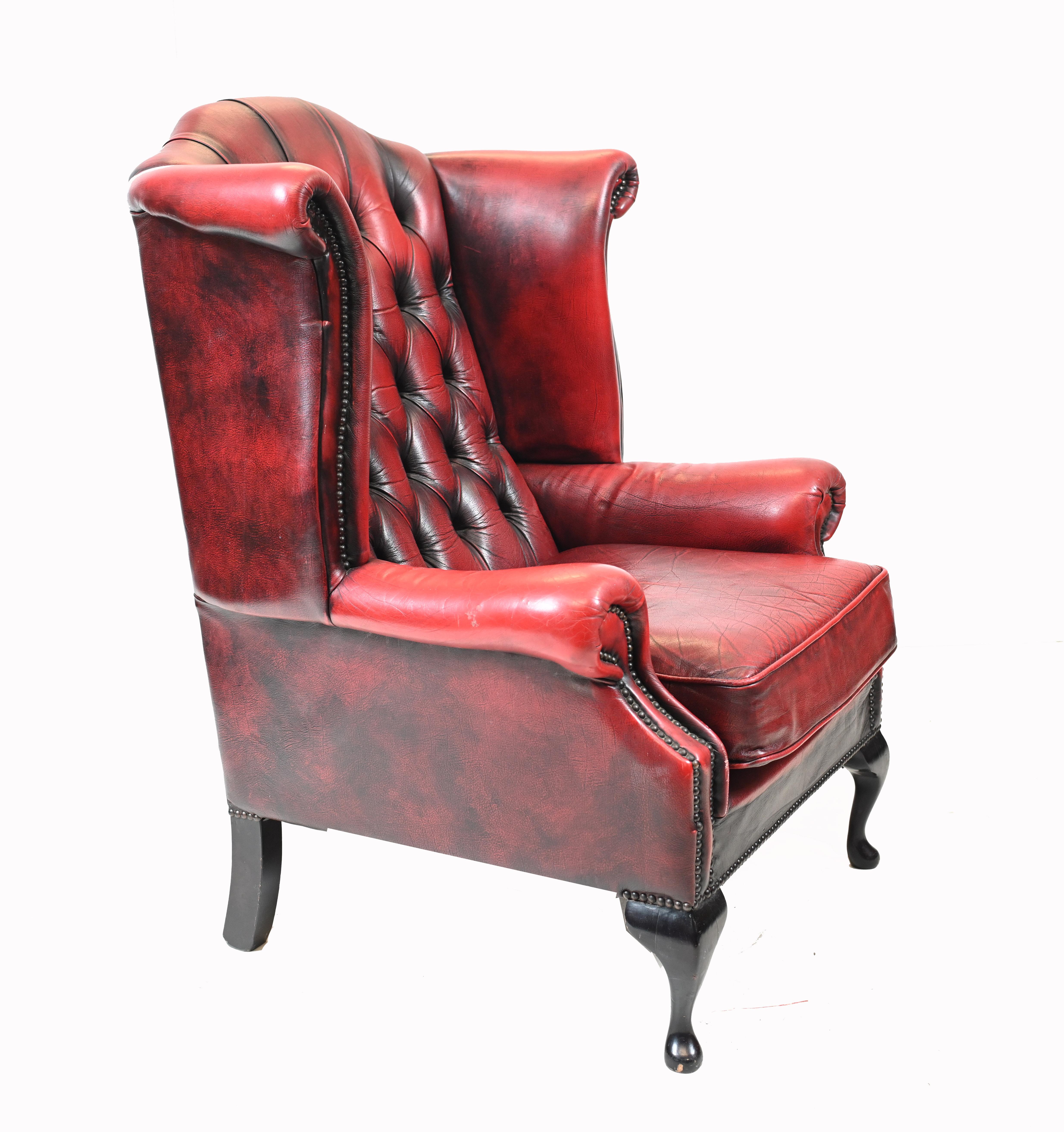 Pair Chesterfield Wingback Chairs Leather Armchair For Sale 1