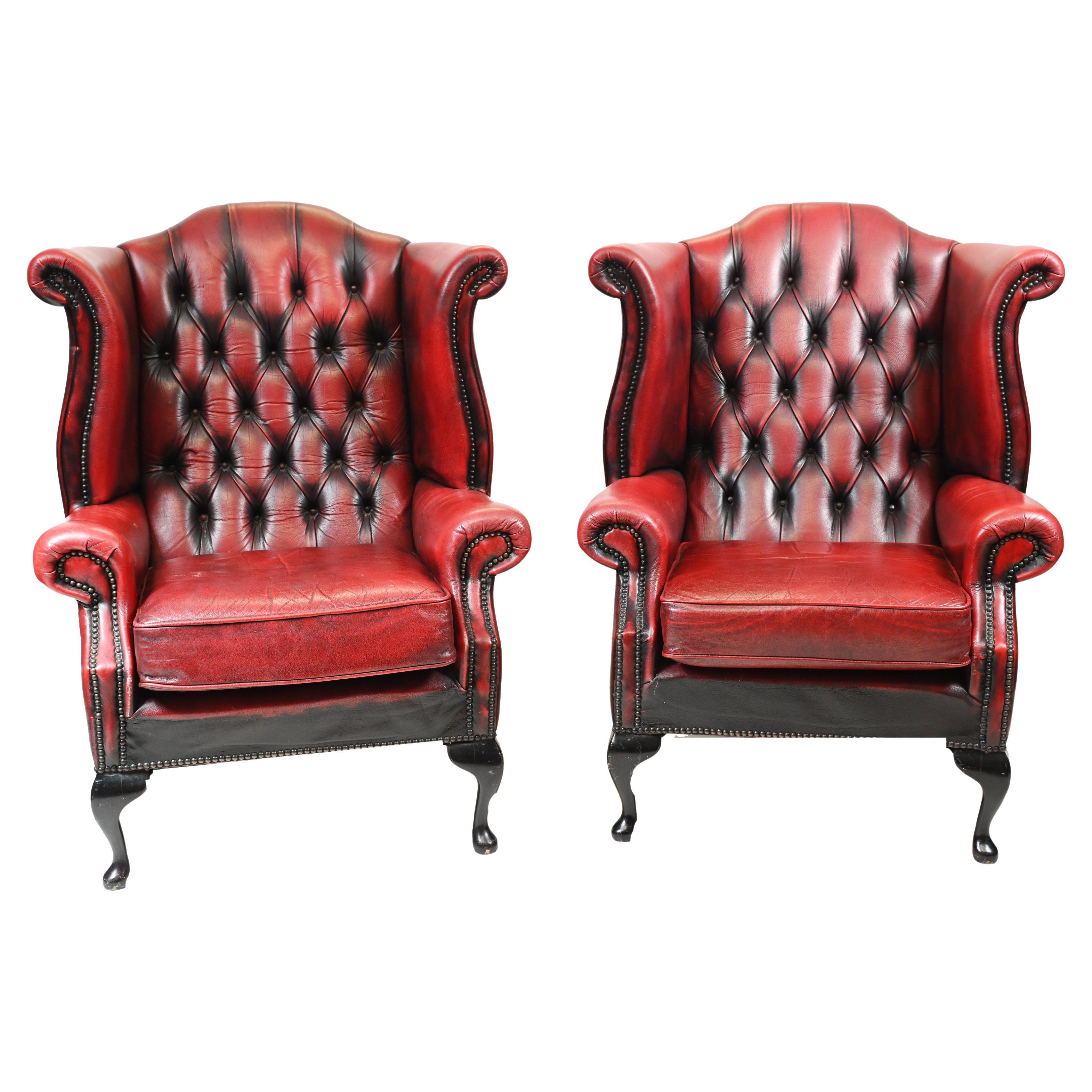 Pair Chesterfield Wingback Chairs Leather Armchair For Sale at 1stDibs