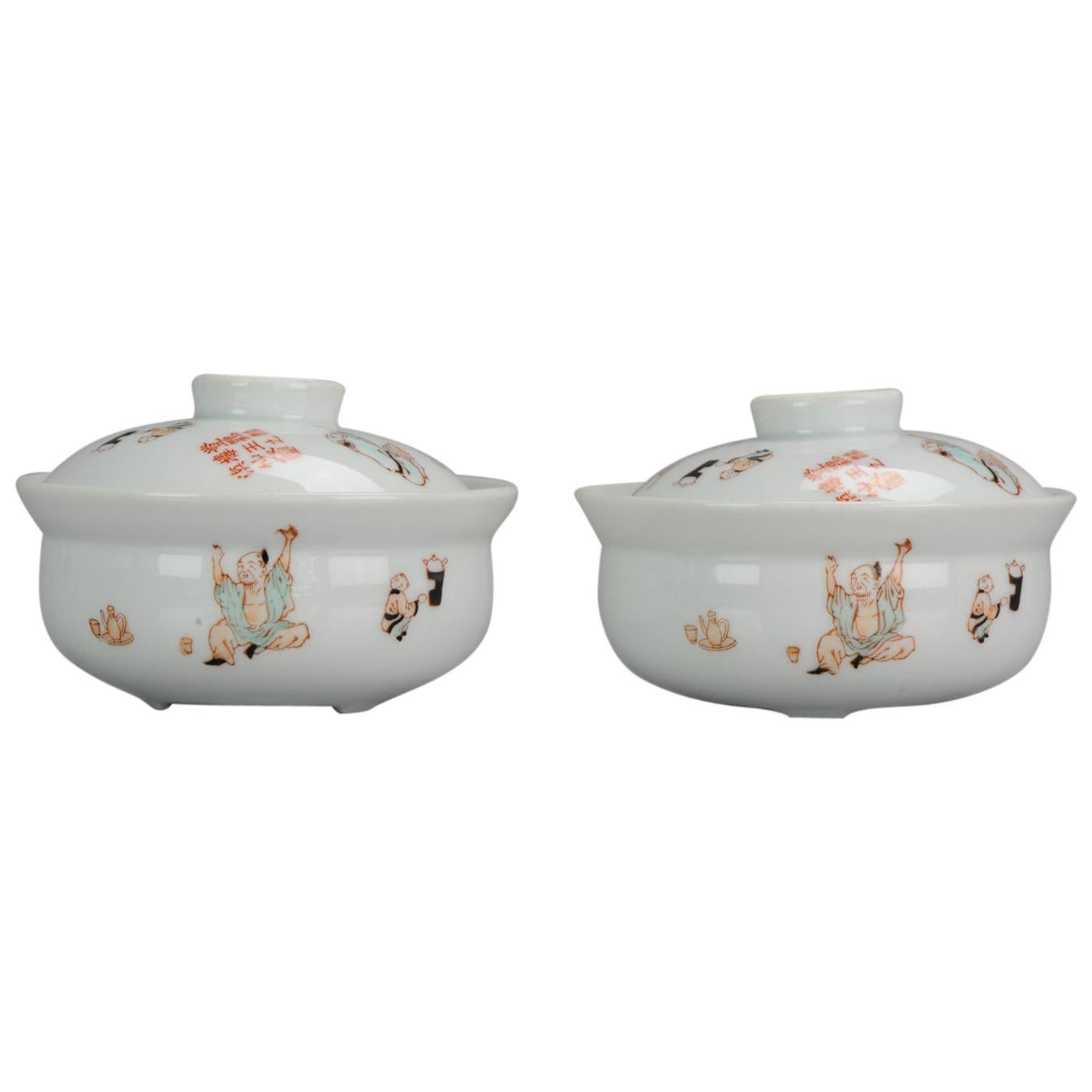 Pair of China 20th-21st Century Figural Calligraphy Bowls Chinese Porcelain PROC For Sale