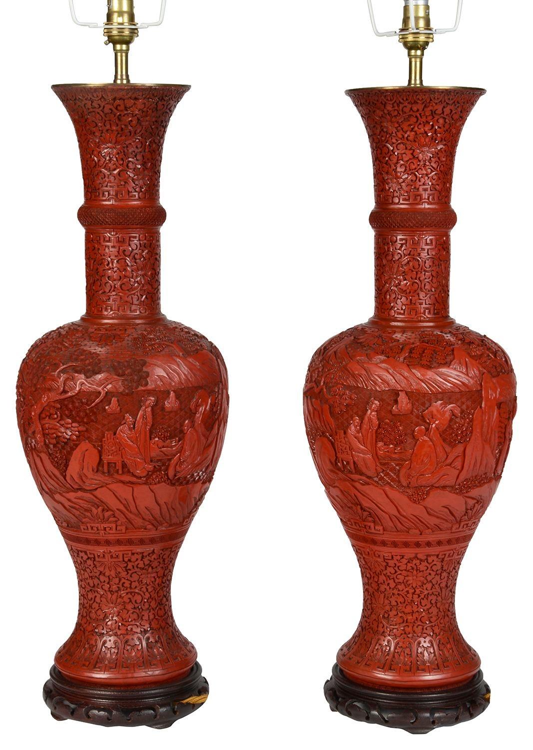 19th Century Pair Chinese 18th Century style Cinnabar lacquer vases / lamps. For Sale