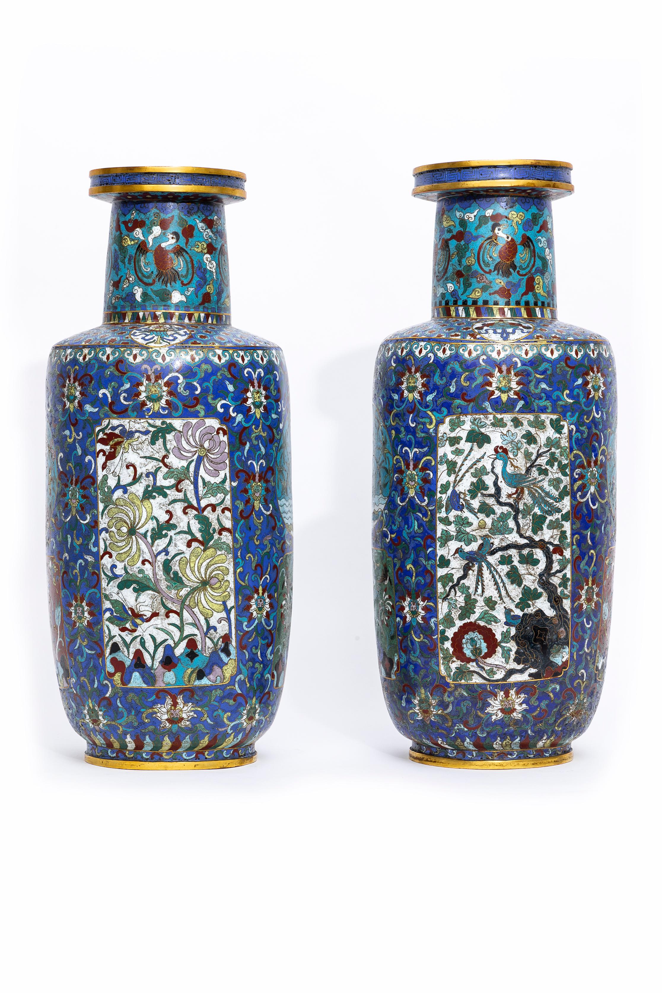 Cloissoné Pair Chinese 19th C. Qing Dynasty, Cloisonne Multi-Cartouche Vases from Museum For Sale