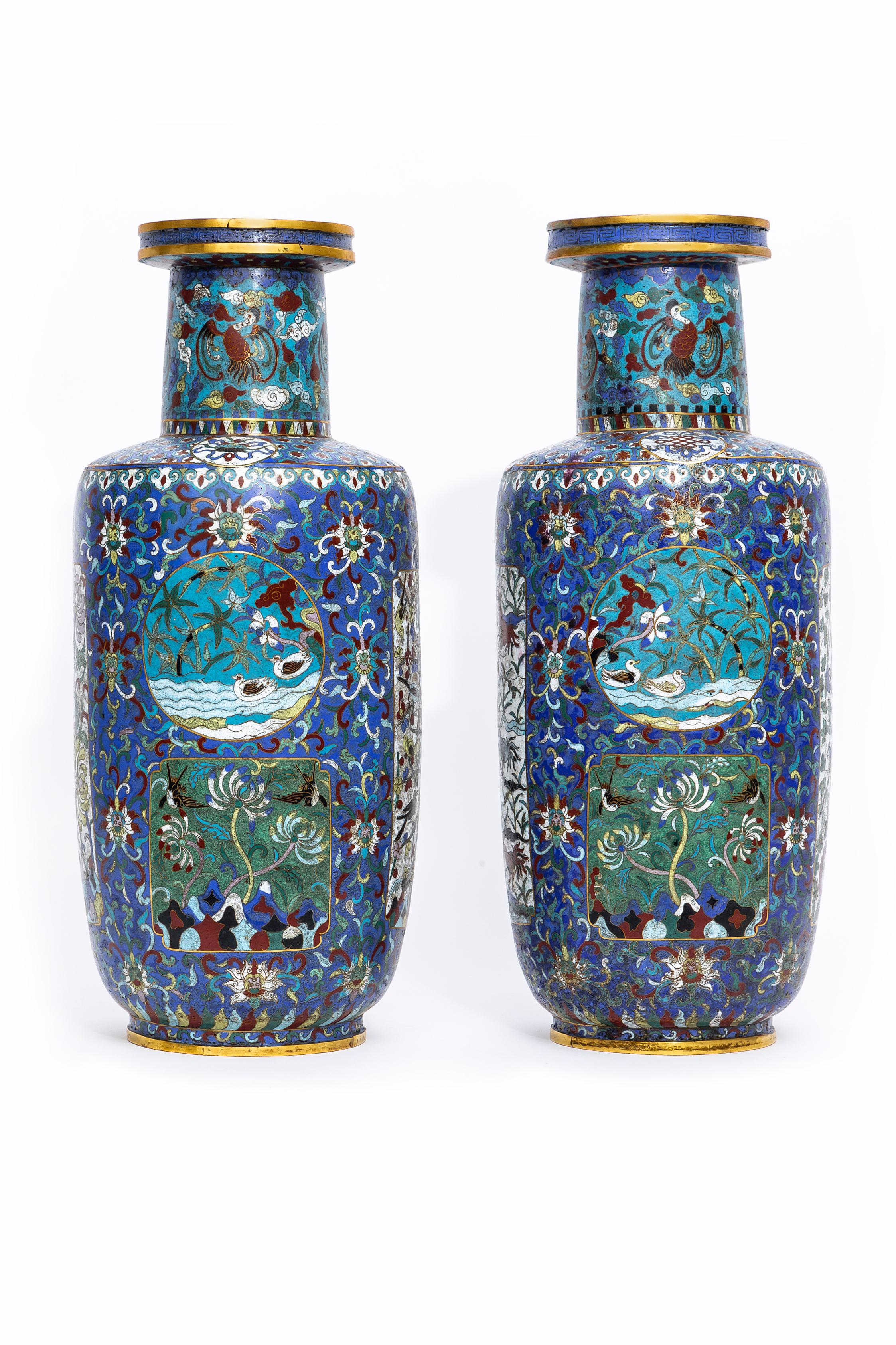 19th Century Pair Chinese 19th C. Qing Dynasty, Cloisonne Multi-Cartouche Vases from Museum For Sale