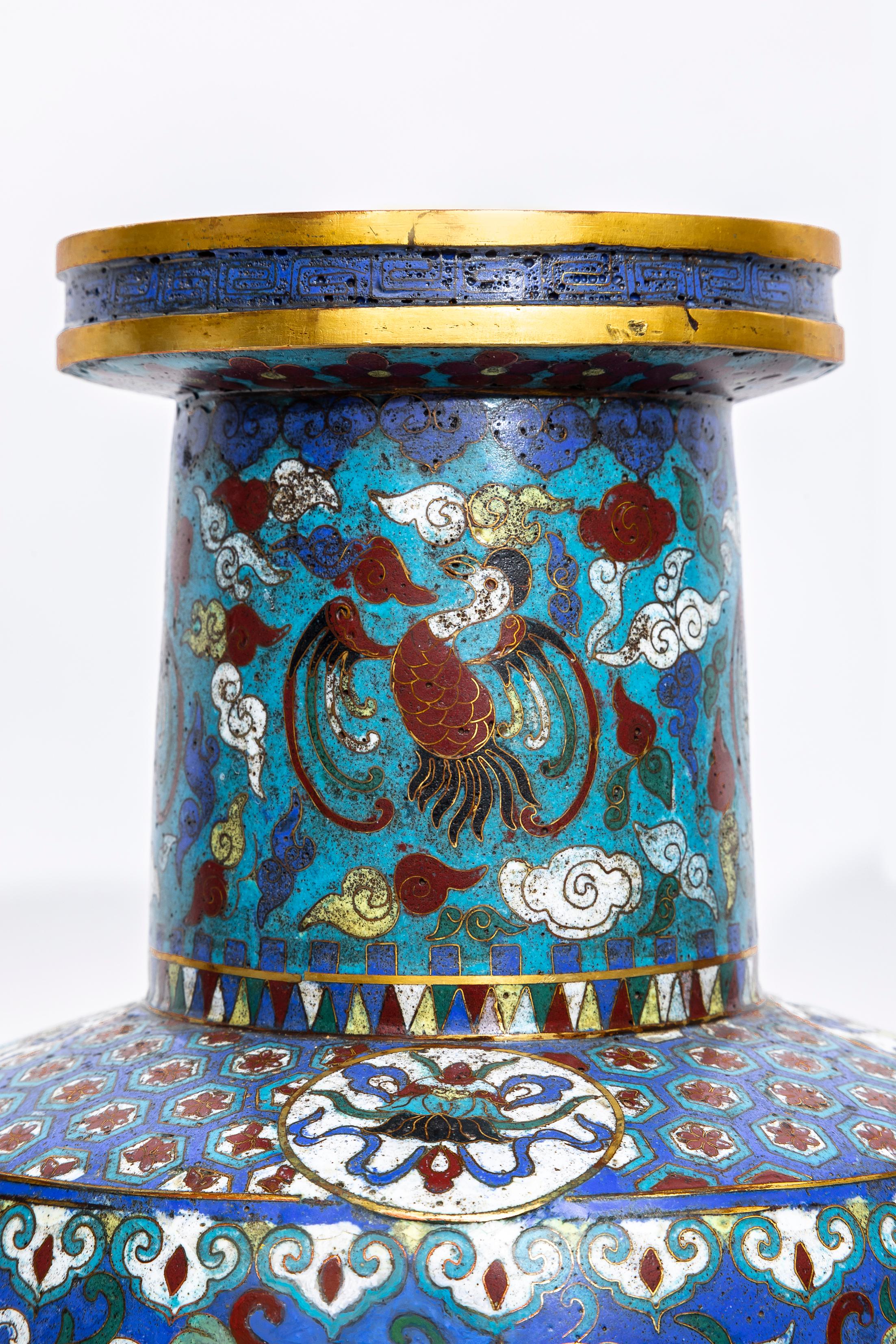 Pair Chinese 19th C. Qing Dynasty, Cloisonne Multi-Cartouche Vases from Museum For Sale 1