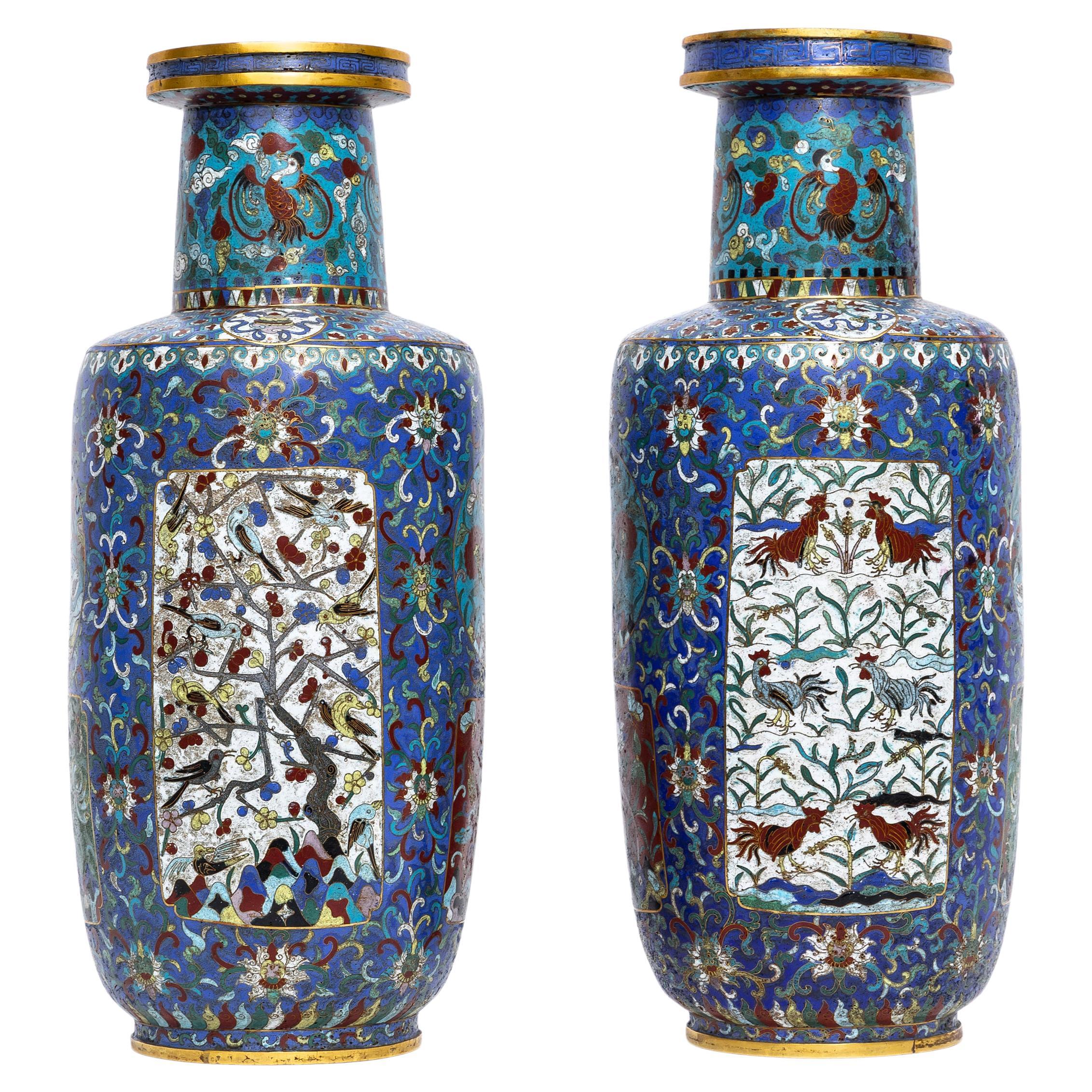Pair Chinese 19th C. Qing Dynasty, Cloisonne Multi-Cartouche Vases from Museum For Sale