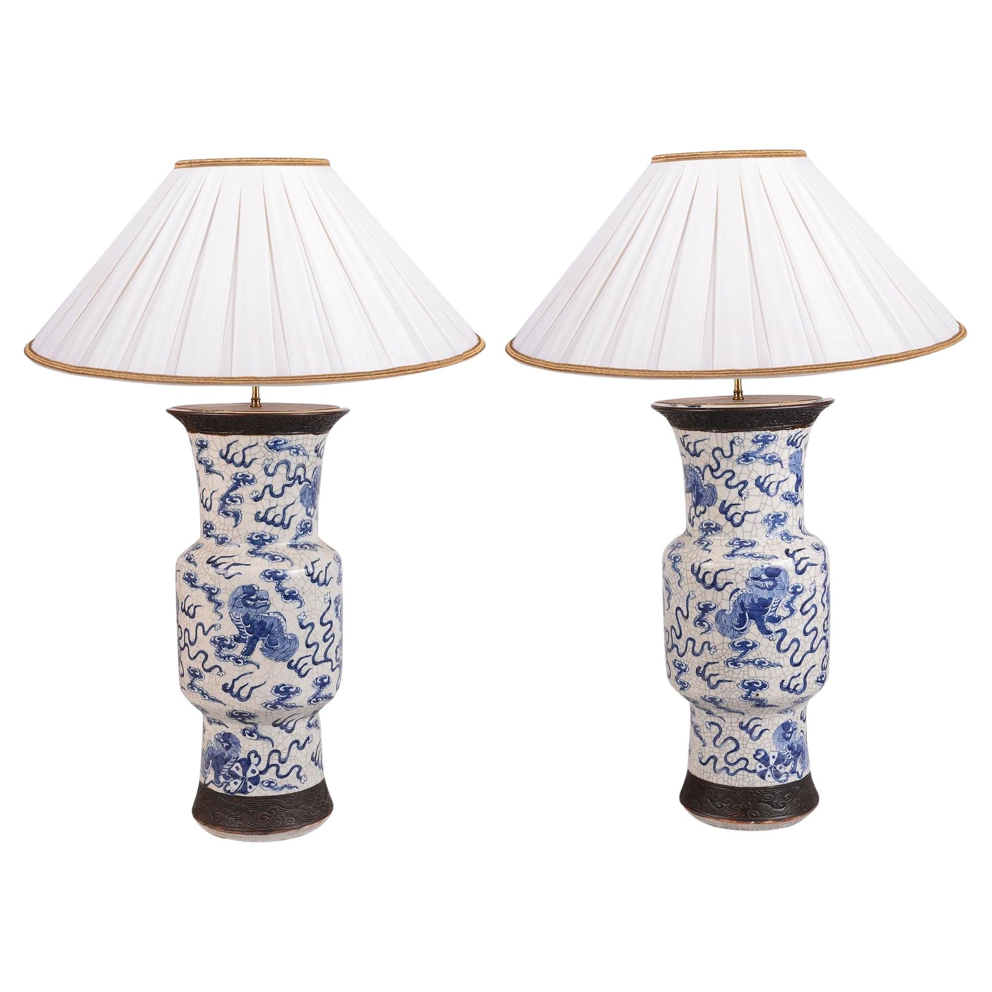 Pair Chinese 19th Century Blue and White crackelware vases / lamps. For Sale