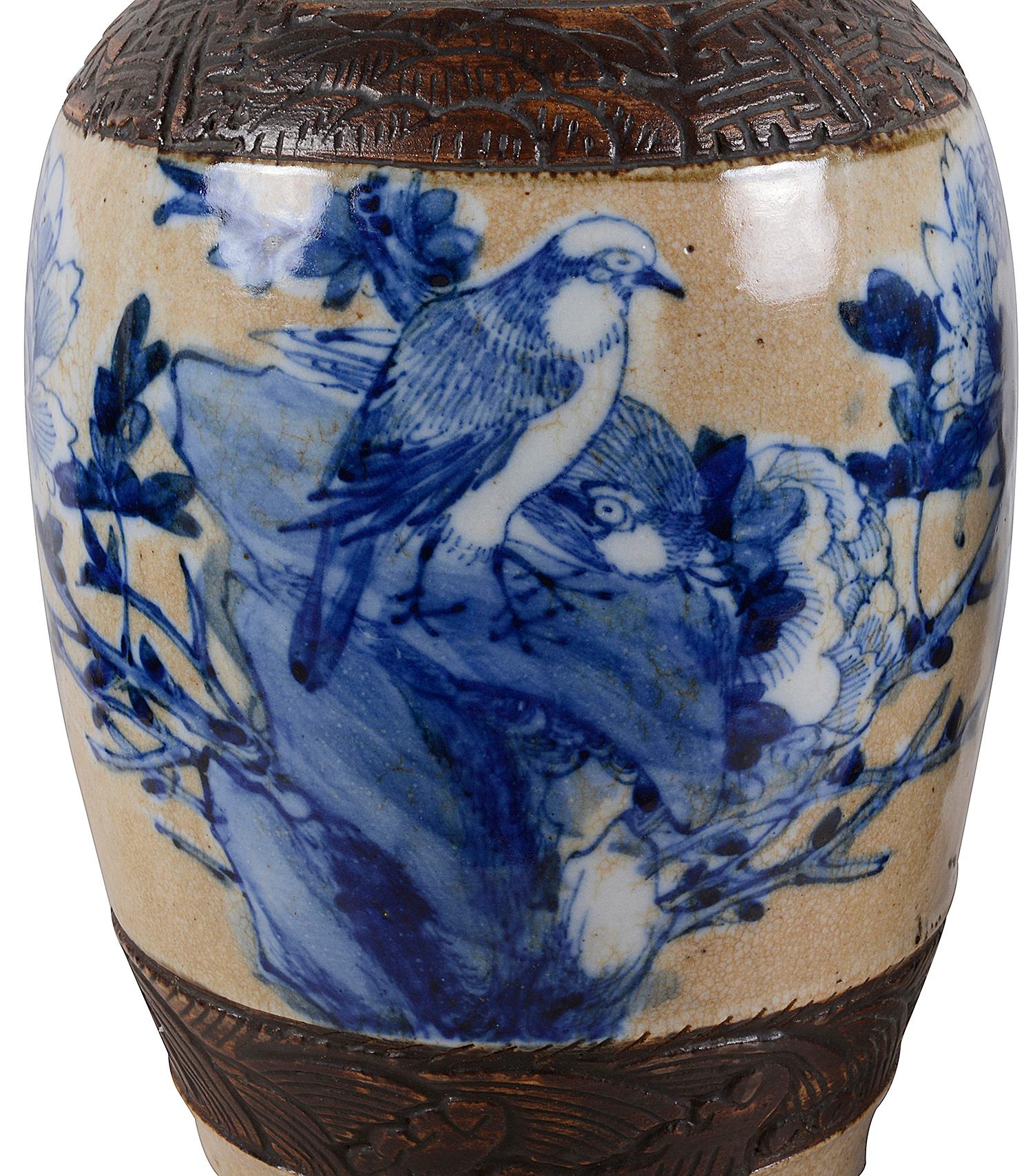 Hand-Painted Pair of Chinese 19th Century Blue and White Crackleware Vases / Lamps