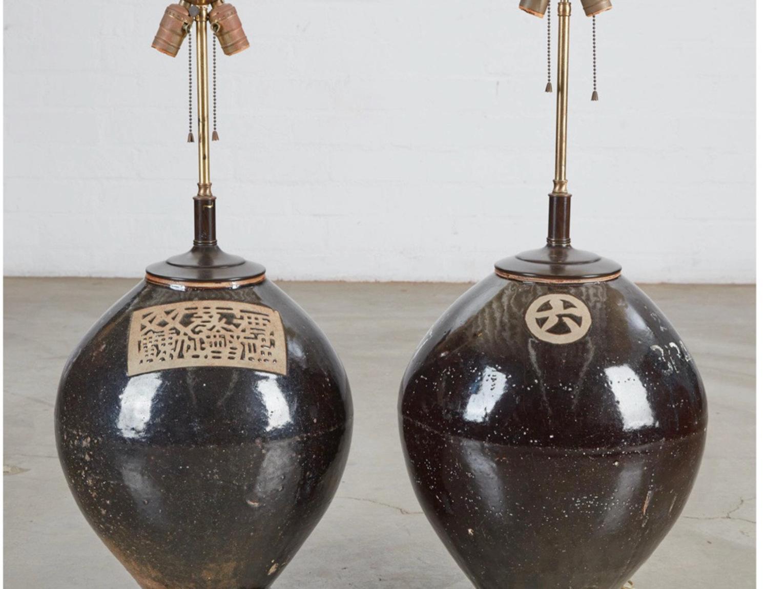 Glazed Pair Japanese 19th Century Ceramic Storage Jar Lamps, Billy Haines Attributed For Sale