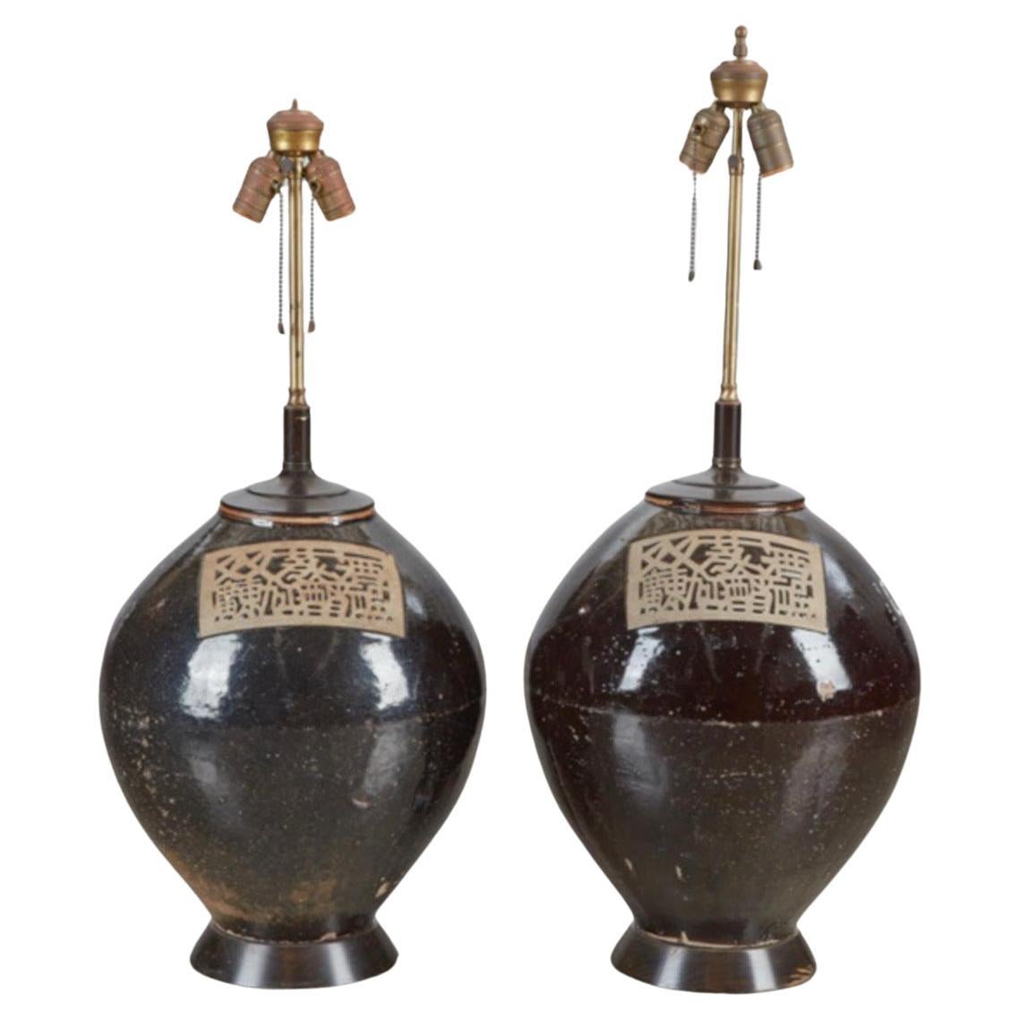 Pair Japanese 19th Century Ceramic Storage Jar Lamps, Billy Haines Attributed