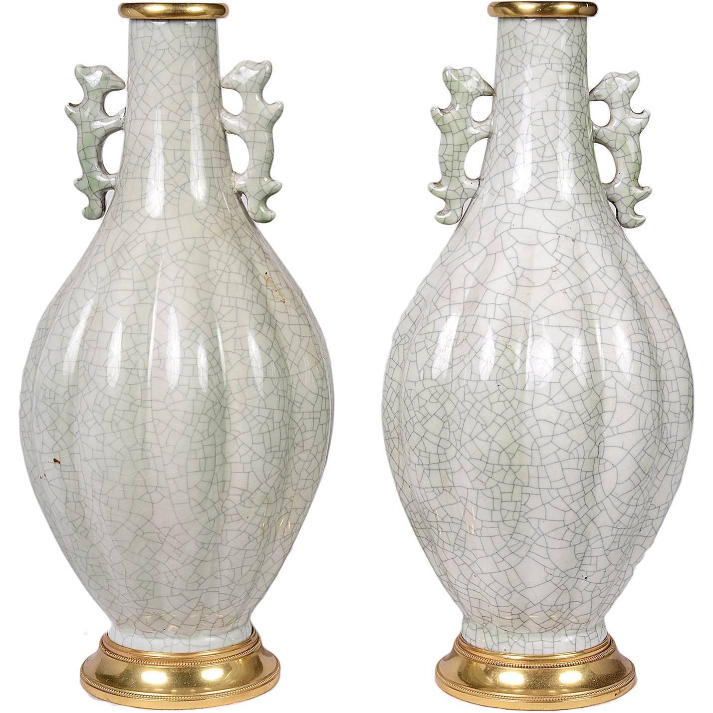 Pair of Chinese 19th Century Crackel Ware Vases / lamps For Sale