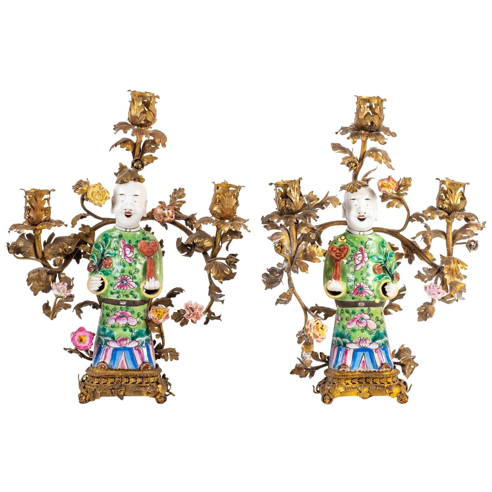 Pair of Chinese 19th Century Porcelain and Ormolu Candelabra