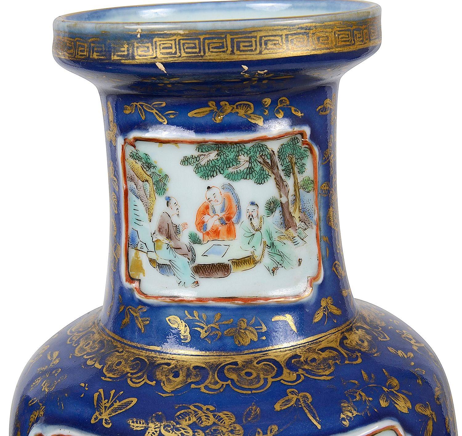 Chinese Export Pair Chinese 19th Century Powder blue porcelain vases / lamps. For Sale