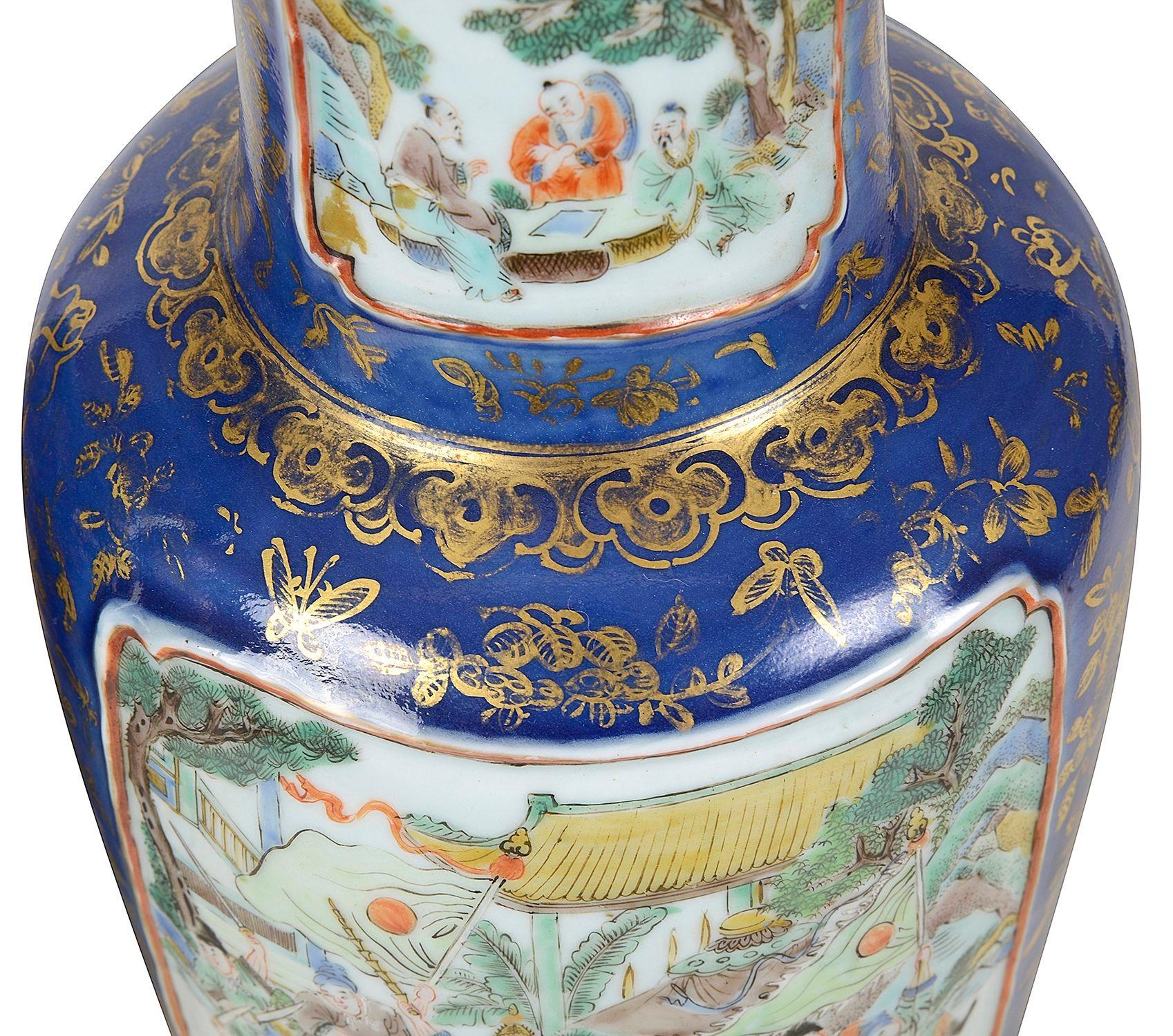 Pair Chinese 19th Century Powder blue porcelain vases / lamps. For Sale 2