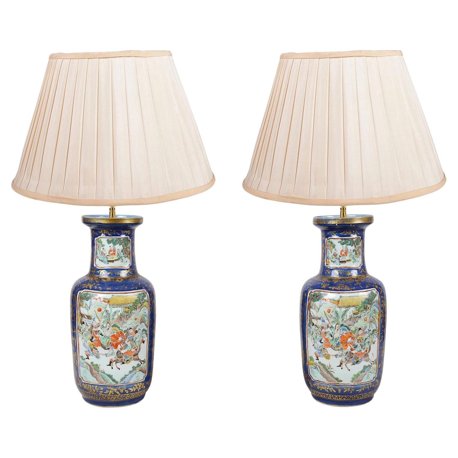Pair Chinese 19th Century Powder blue porcelain vases / lamps.