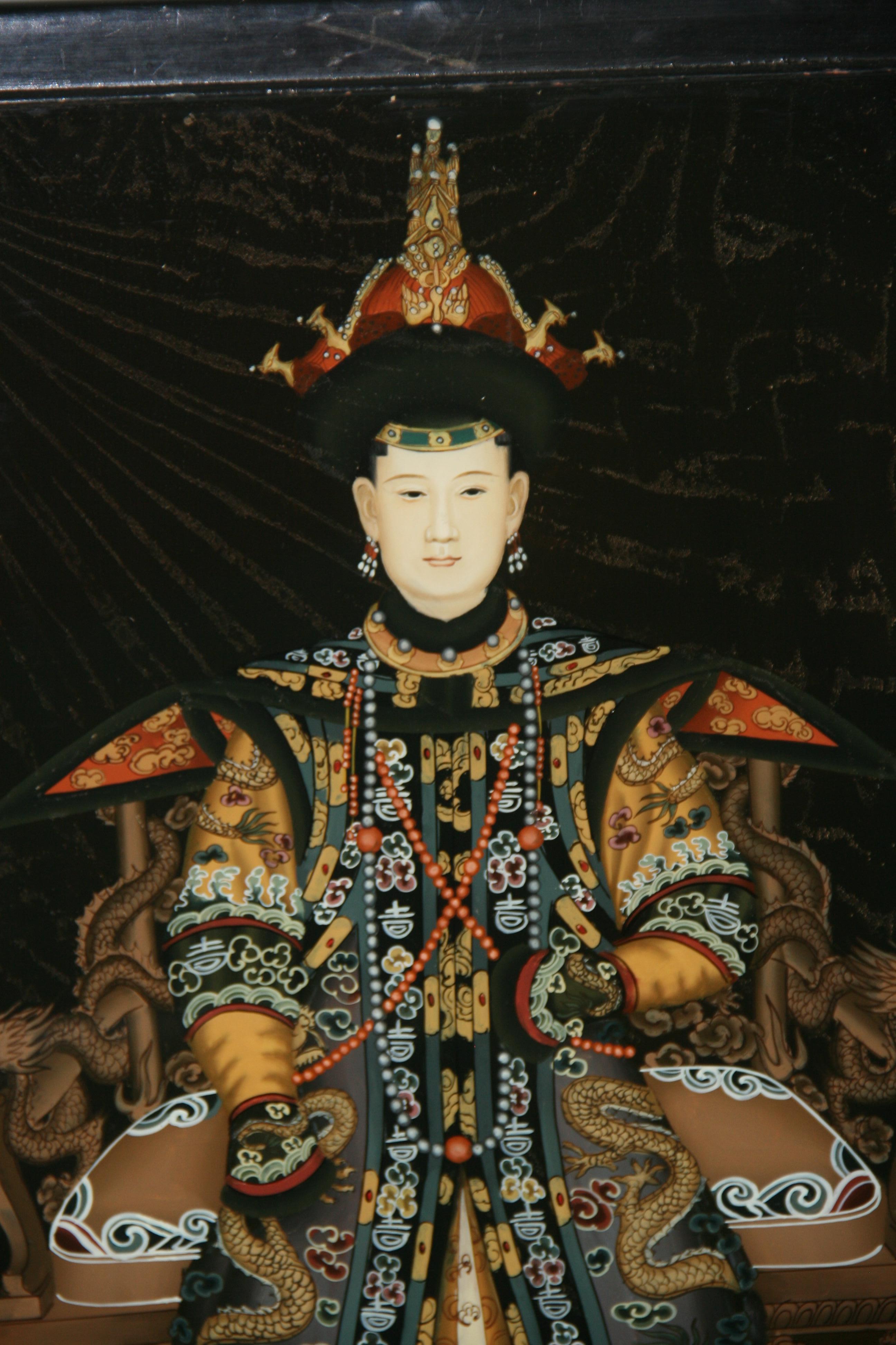 Paar chinesische Ancestor-Reverse-Gemälde auf Glas im Zustand „Gut“ im Angebot in Douglas Manor, NY