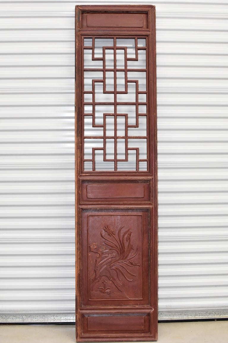 Hand-Carved Pair of Chinese Antique Screens, Doors, Orchids and Pomegranates For Sale