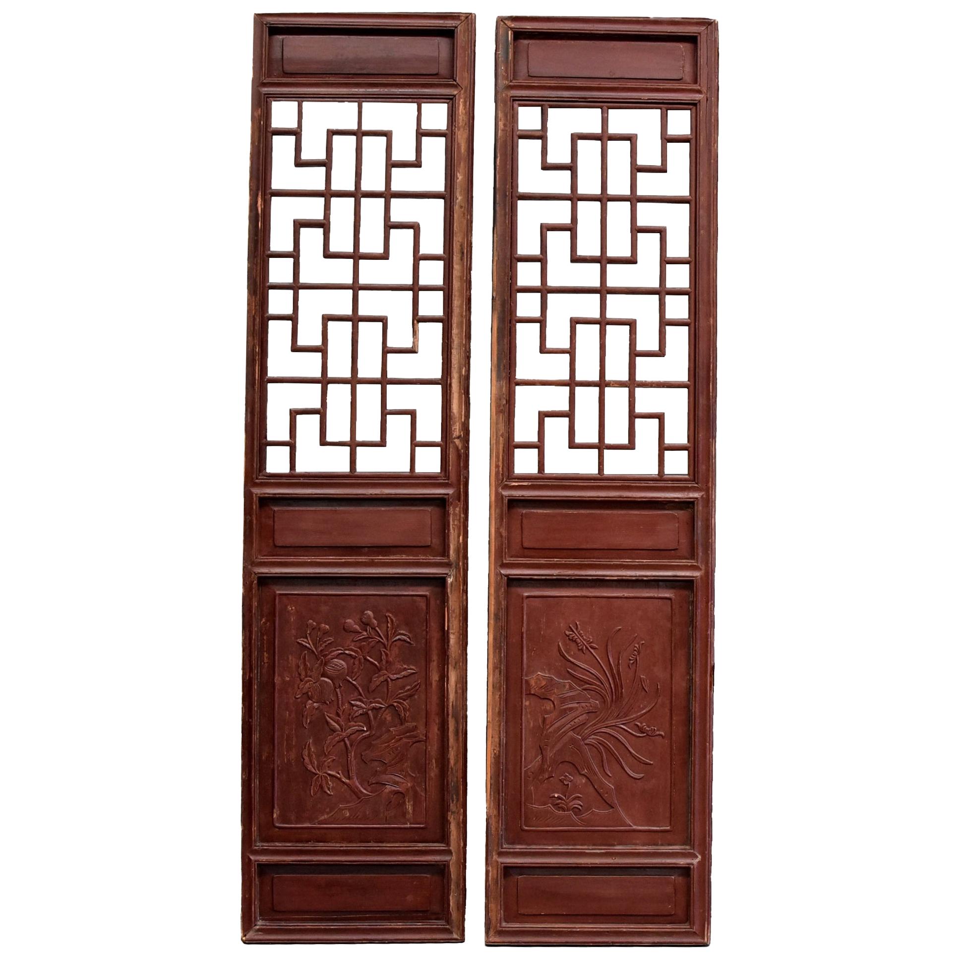 Pair of Chinese Antique Screens, Doors, Orchids and Pomegranates