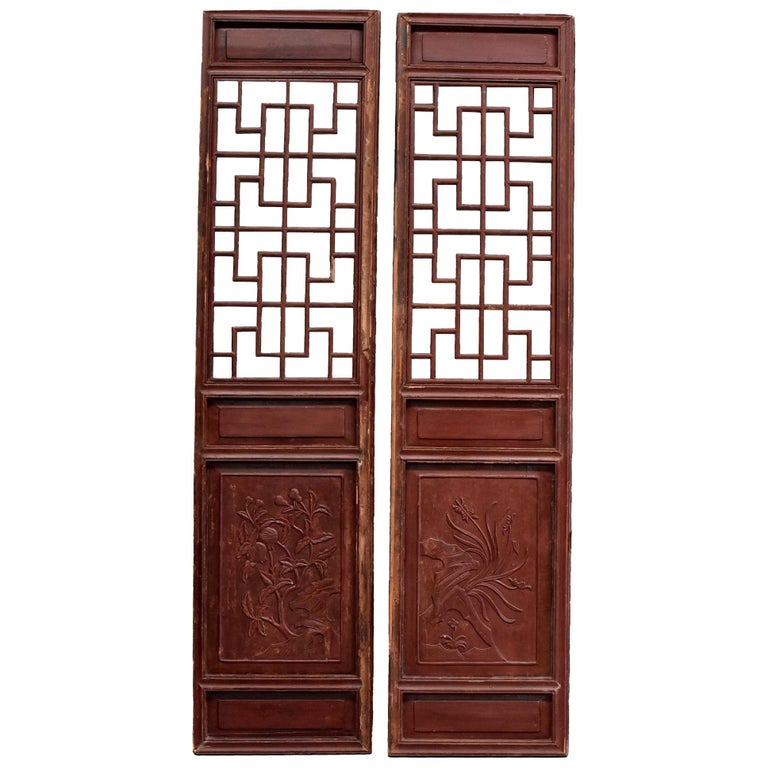 Pair of Chinese Antique Screens, Doors, Orchids and Pomegranates For Sale