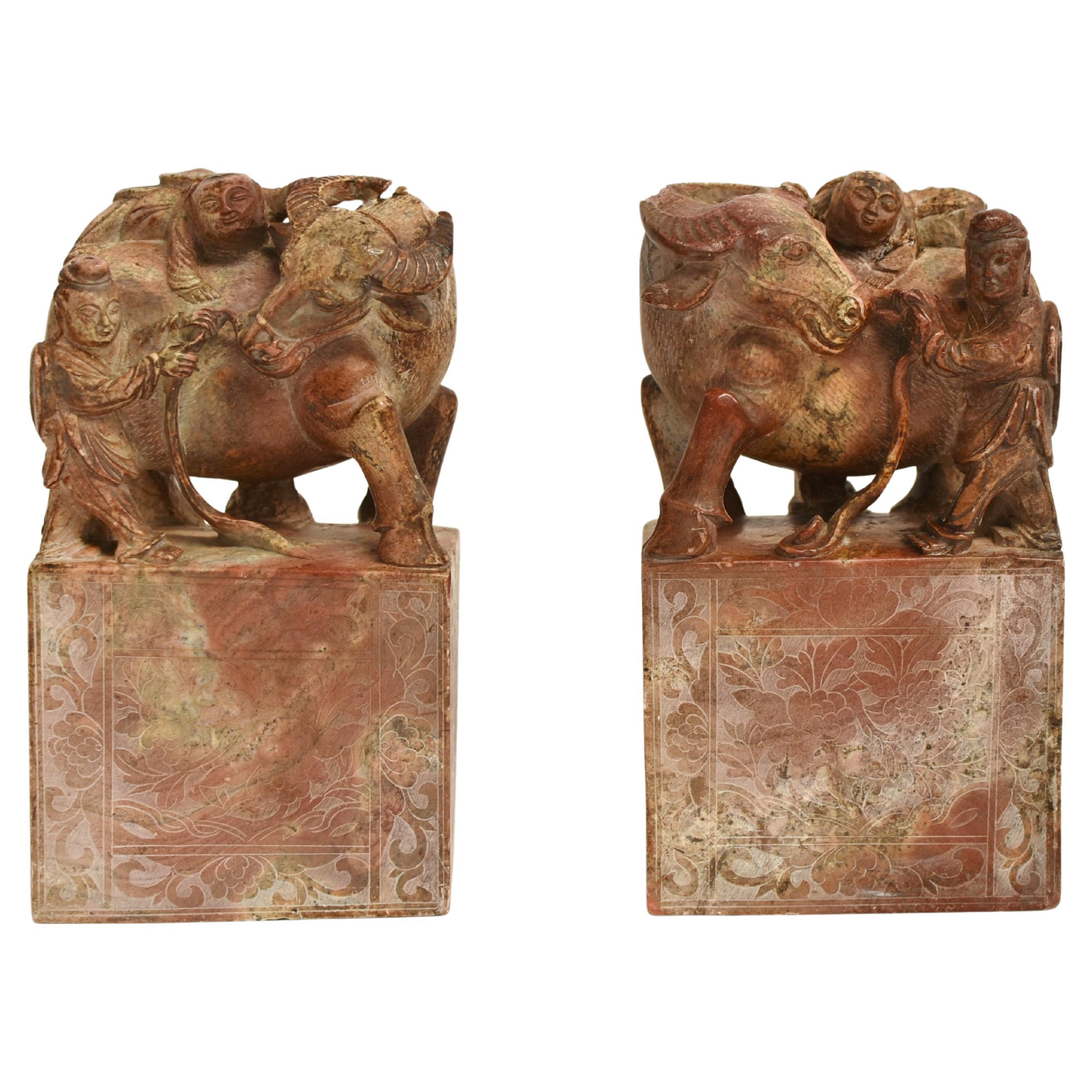 Pair Chinese Antique Stone Statues Bookends Boy and Buffalo