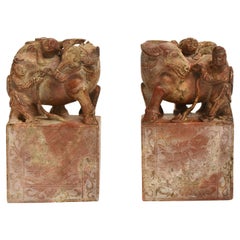 Pair Chinese Antique Stone Statues Bookends Boy and Buffalo