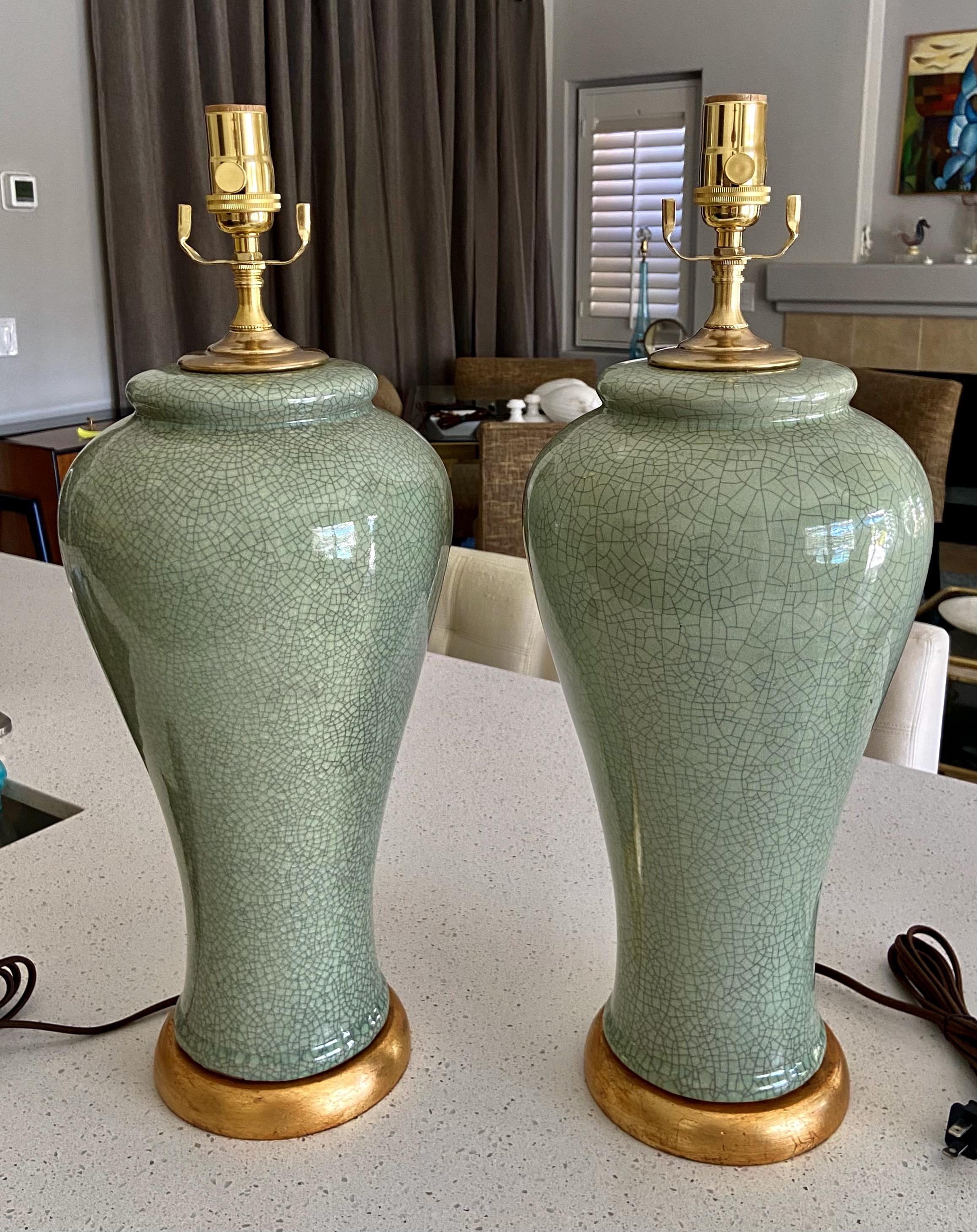 Pair Chinese Asian Celadon Crackle Porcelain Table Lamps For Sale 5