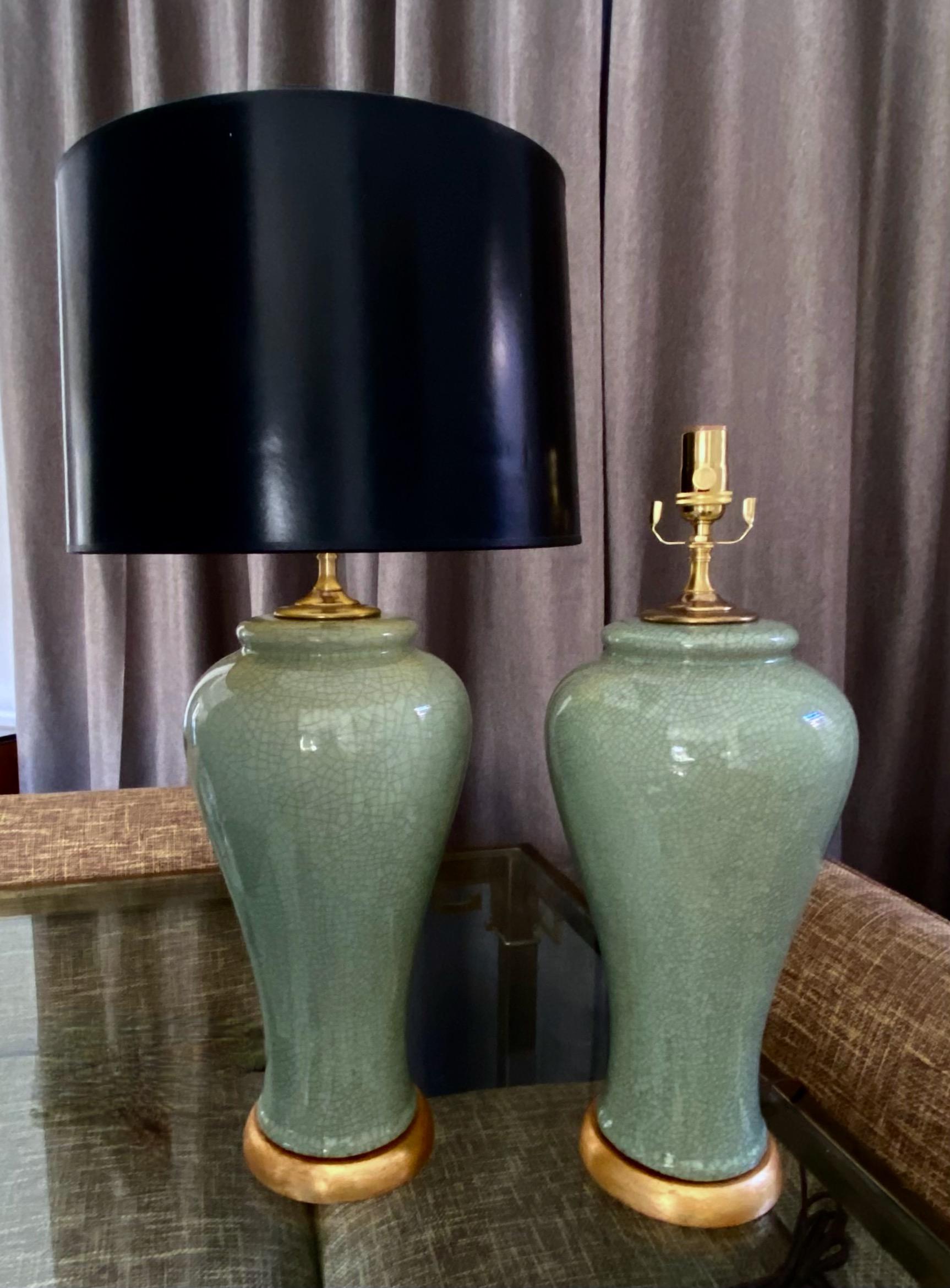 Pair Chinese Asian Celadon Crackle Porcelain Table Lamps For Sale 9