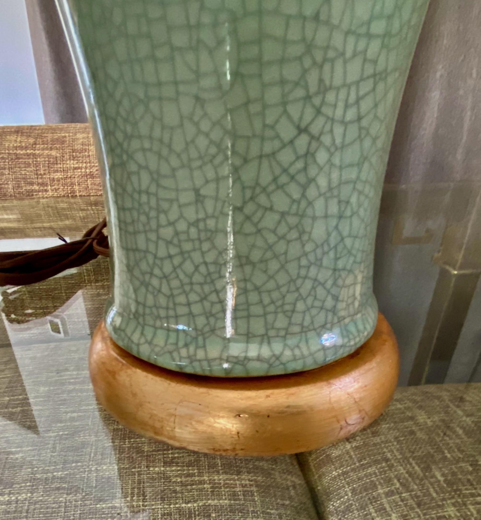 Pair Chinese Asian Celadon Crackle Porcelain Table Lamps In Good Condition In Palm Springs, CA