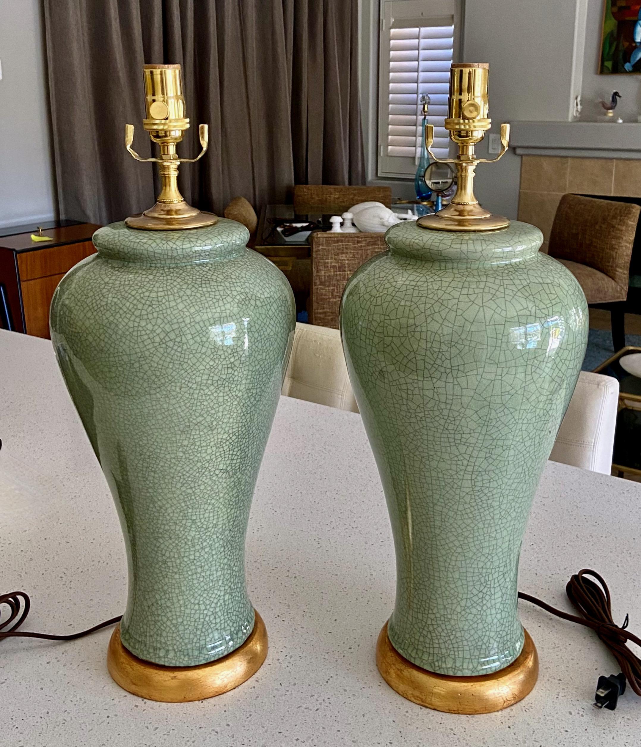 Mid-20th Century Pair Chinese Asian Celadon Crackle Porcelain Table Lamps