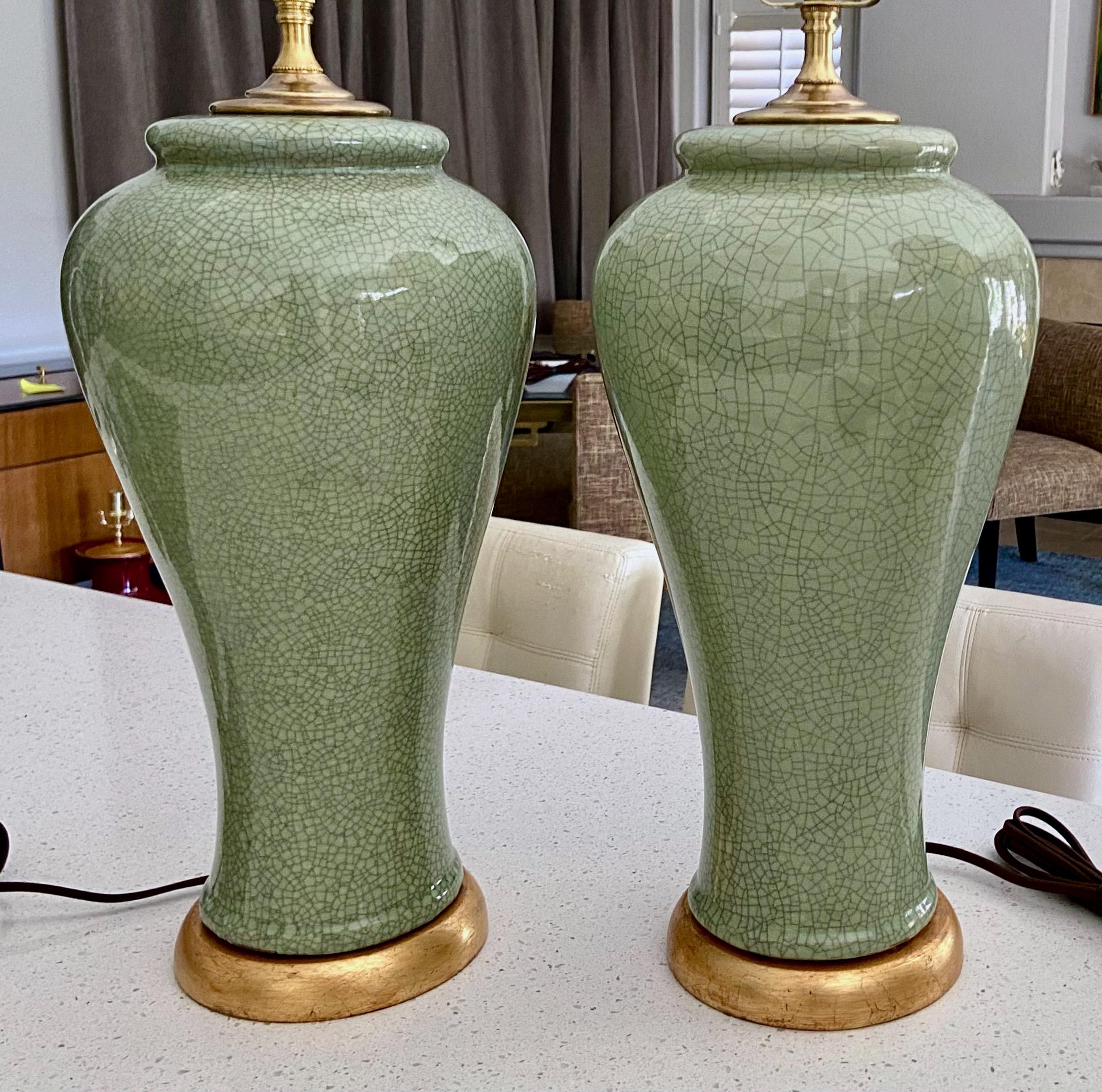 Brass Pair Chinese Asian Celadon Crackle Porcelain Table Lamps For Sale