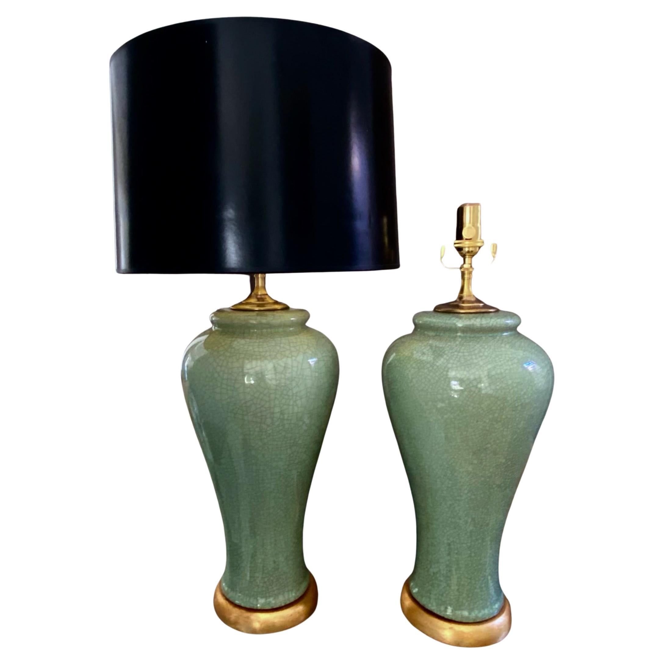 Pair Chinese Asian Celadon Crackle Porcelain Table Lamps For Sale