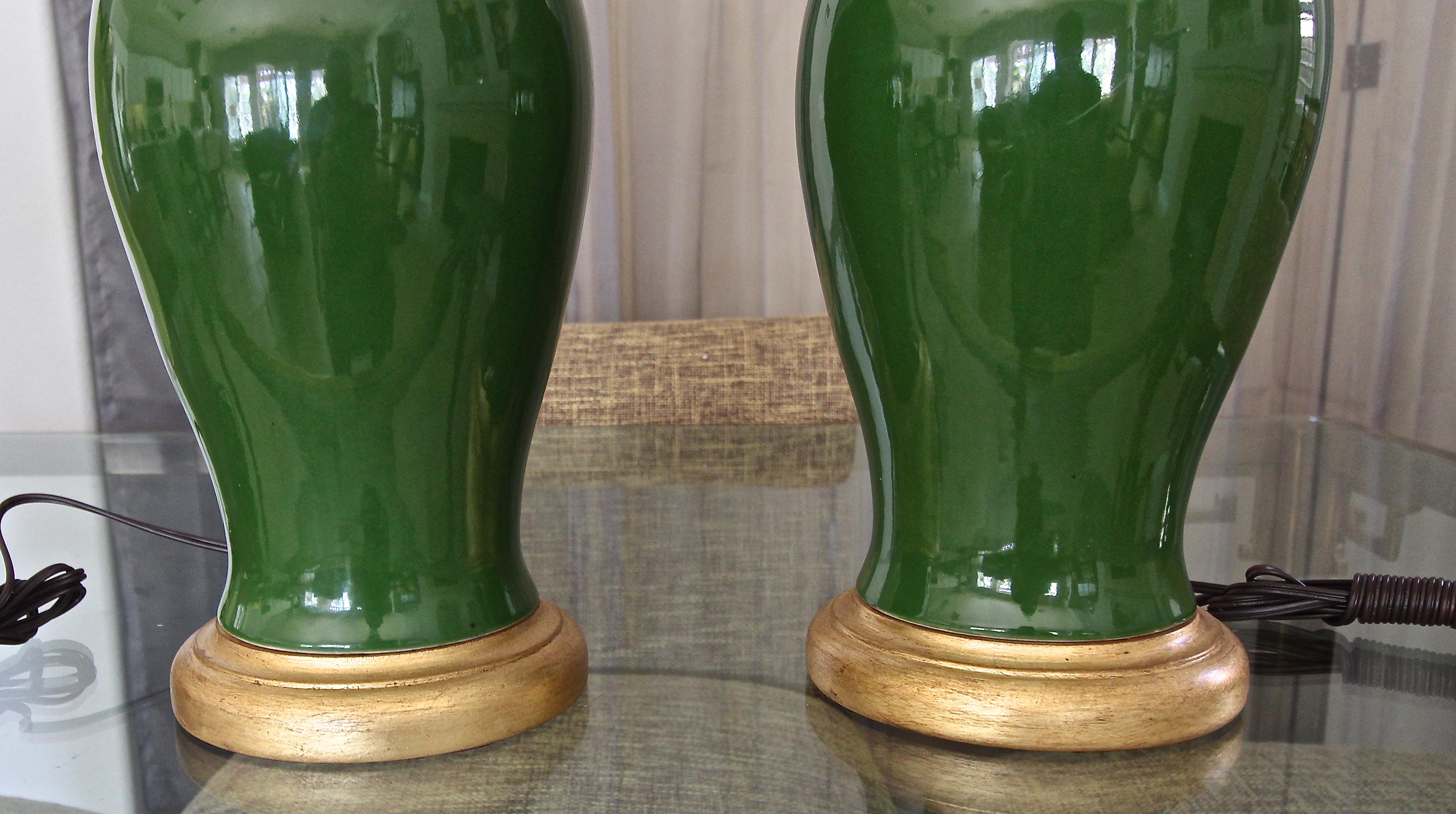 Pair of Chinese Asian Dark Green Porcelain Table Lamps 2