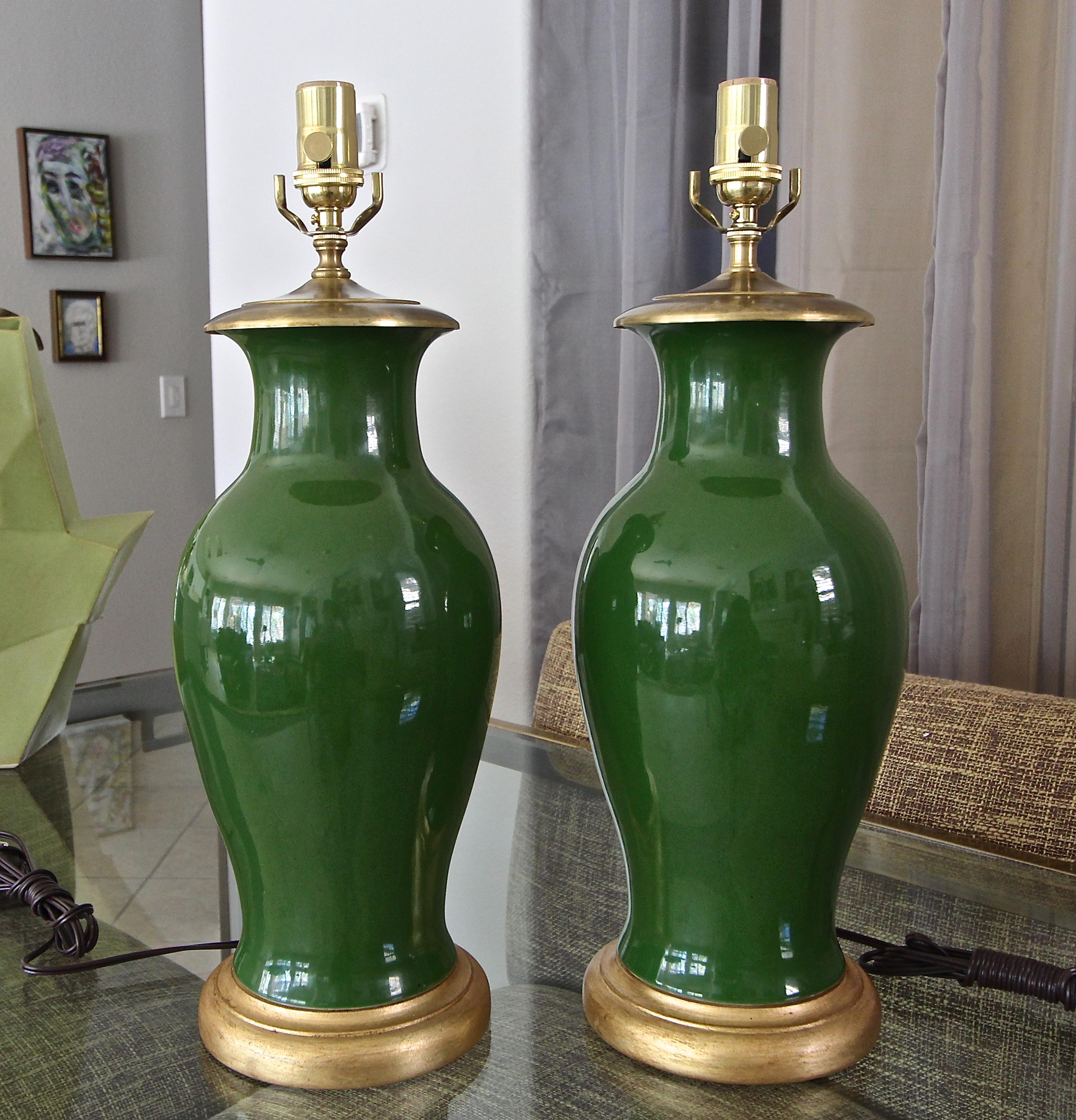 Pair of Chinese Asian Dark Green Porcelain Table Lamps 9