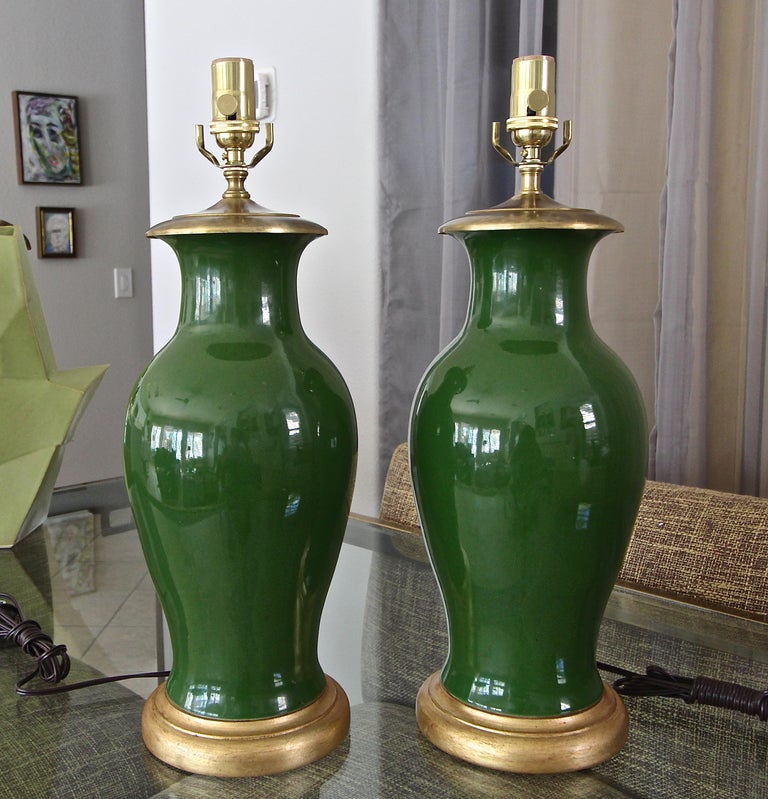 Pair of Chinese Asian Dark Green Porcelain Table Lamps For Sale at 1stDibs