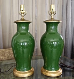 Pair of Chinese Asian Dark Green Porcelain Table Lamps