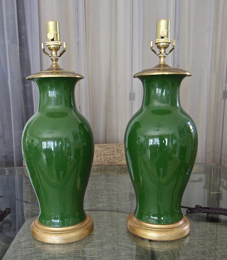 Pair of Chinese Asian Dark Green Porcelain Table Lamps For Sale at 1stDibs