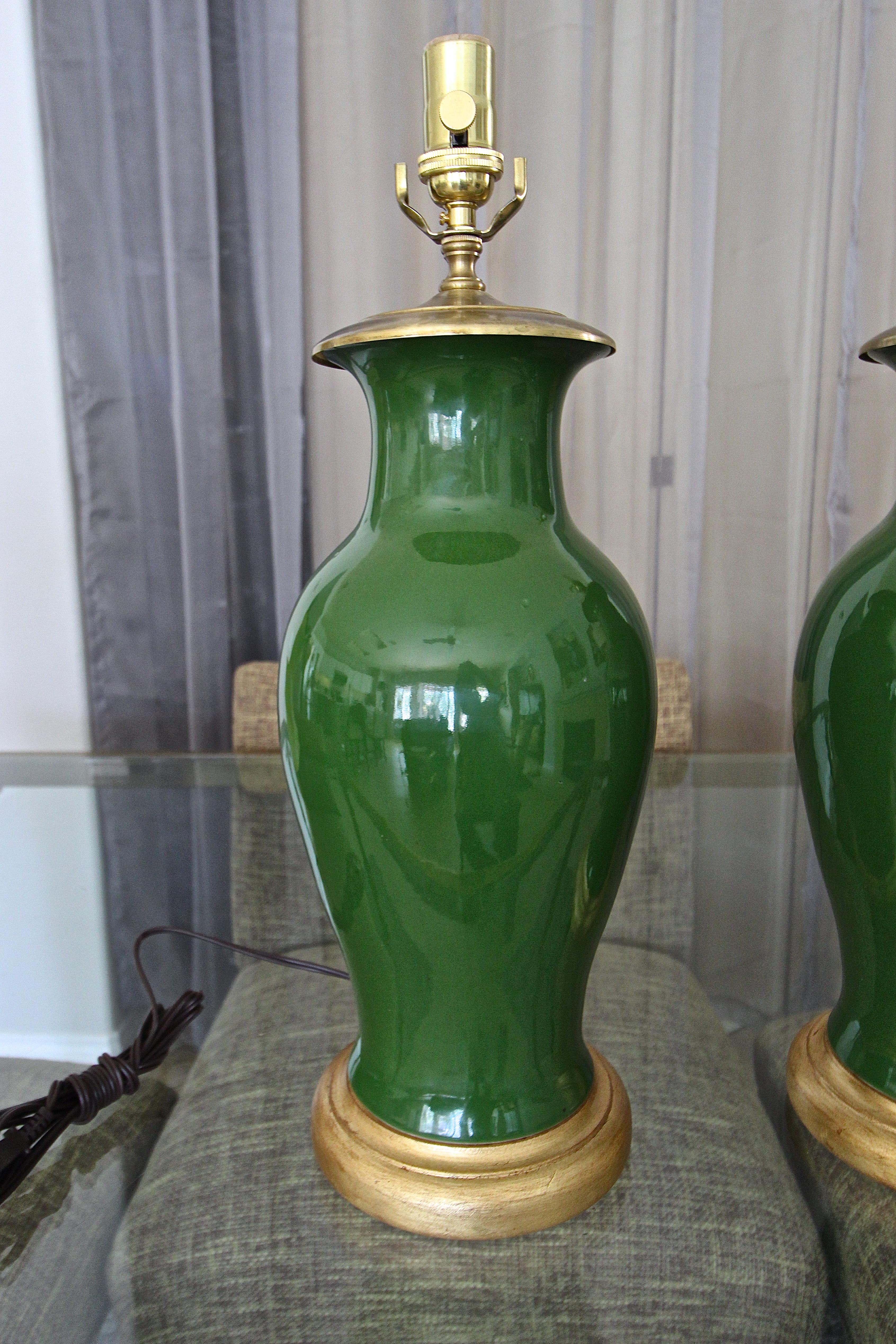 Late 20th Century Pair of Chinese Asian Dark Green Porcelain Table Lamps