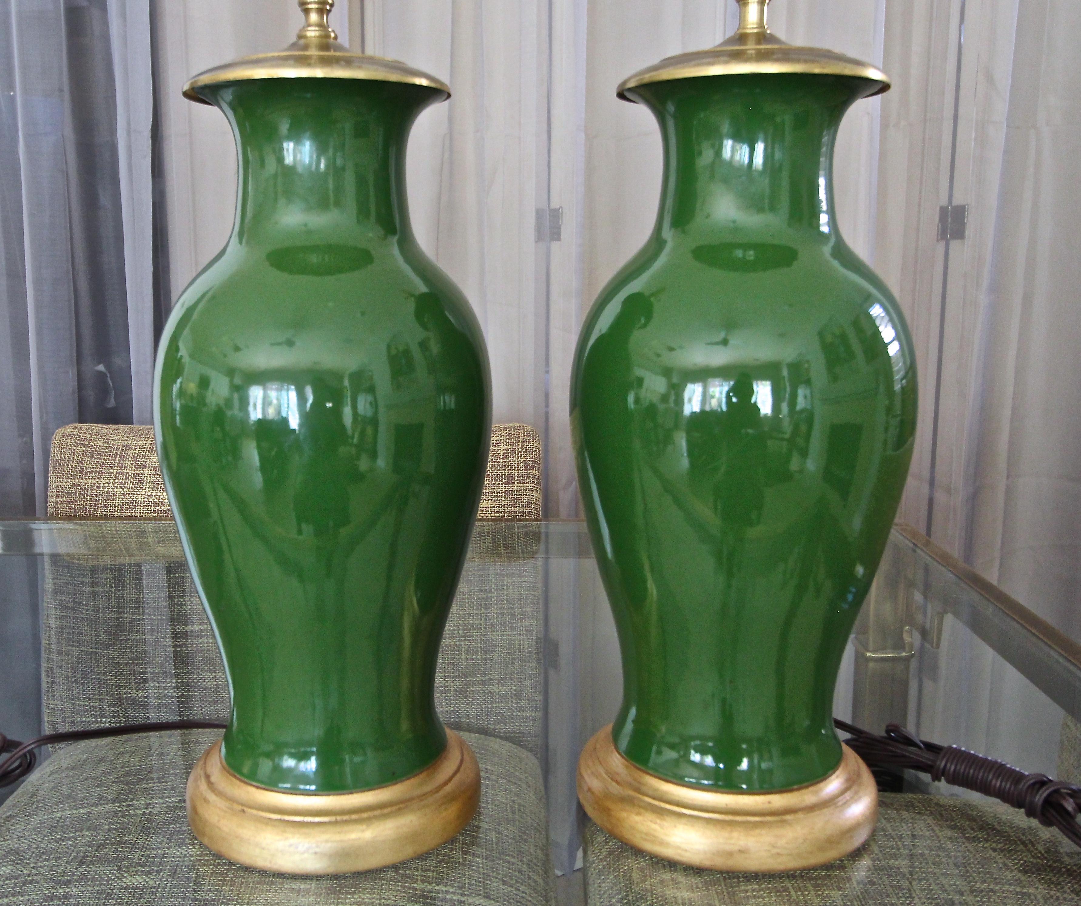 Pair of Chinese Asian Dark Green Porcelain Table Lamps 1