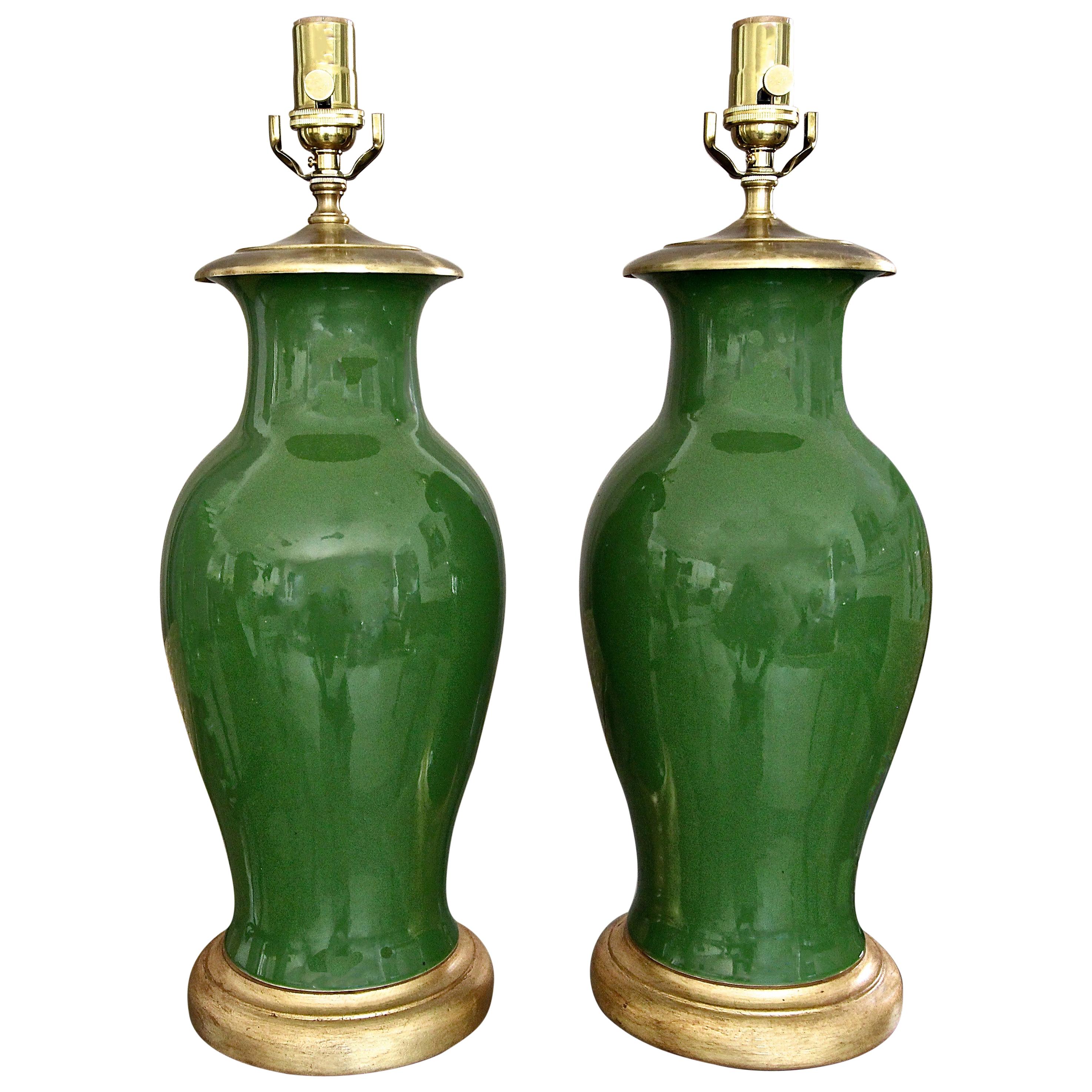 Pair of Chinese Asian Dark Green Porcelain Table Lamps