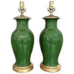 Vintage Pair of Chinese Asian Dark Green Porcelain Table Lamps