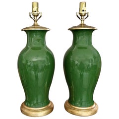 Pair of Chinese Asian Dark Green Porcelain Table Lamps