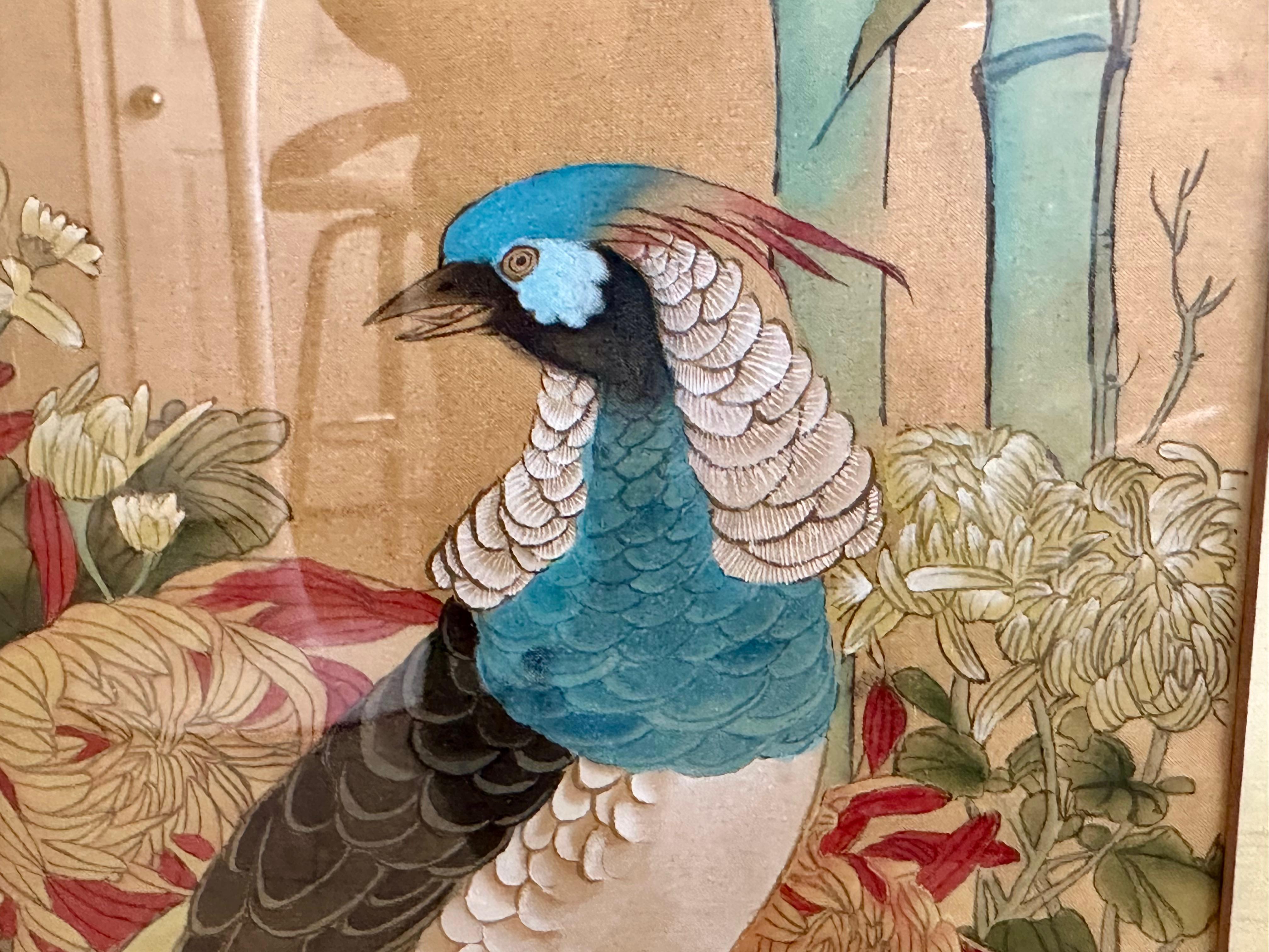 Pair Chinese Asian Silk Watercolor Framed Paintings For Sale 6
