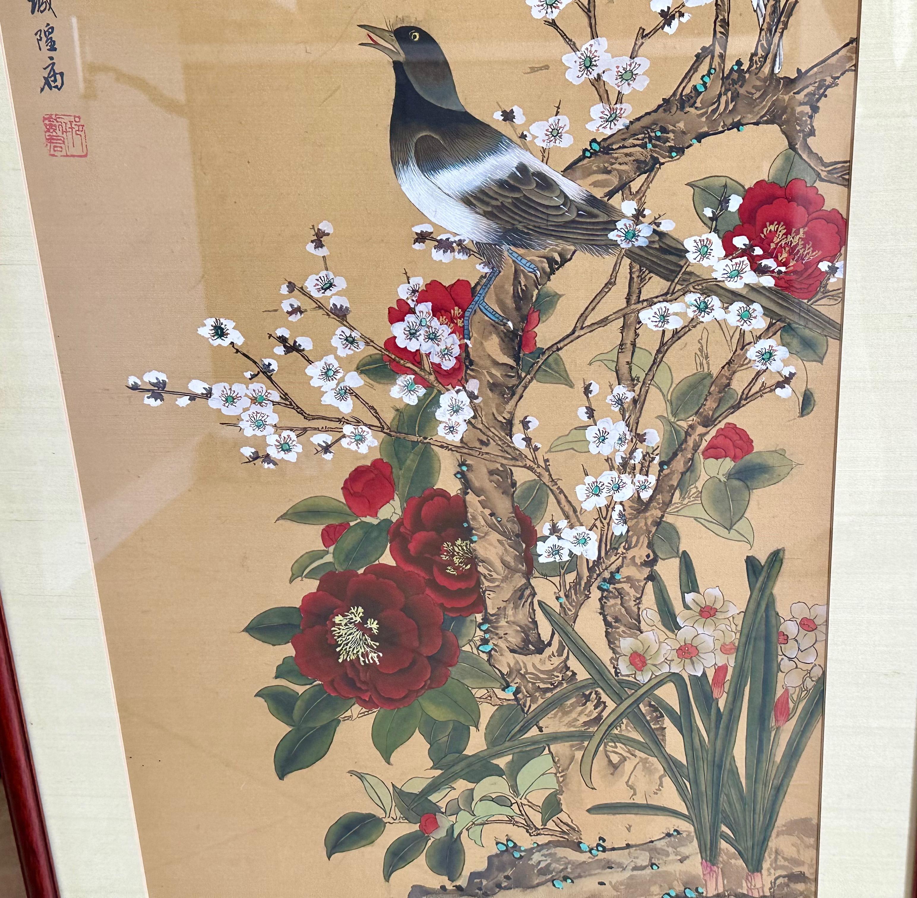 Pair Chinese Asian Silk Watercolor Framed Paintings For Sale 10
