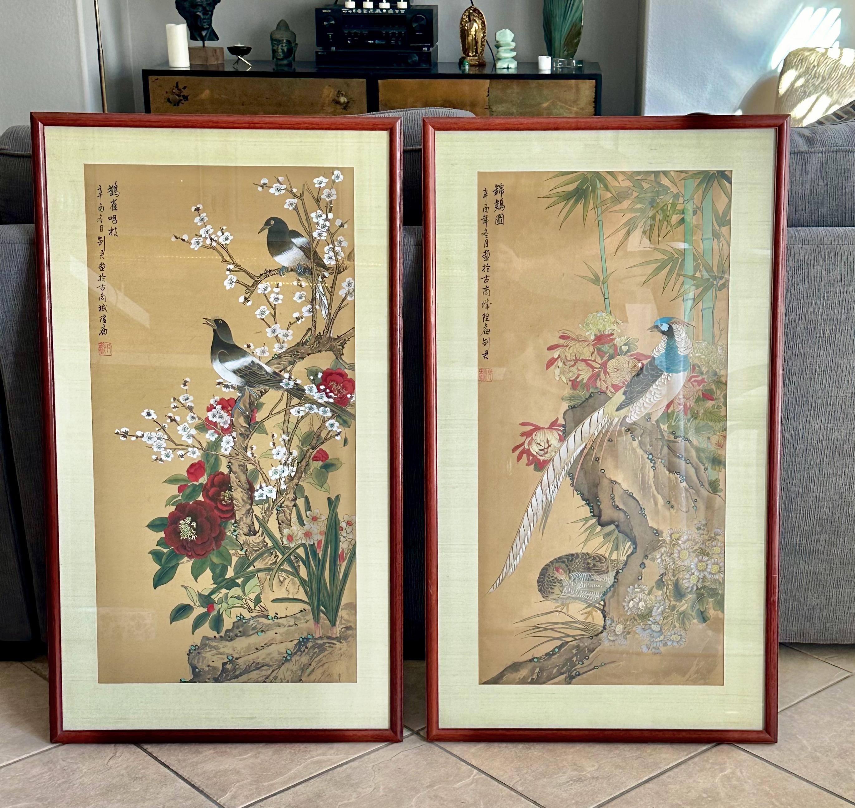 Pair Chinese Asian Silk Watercolor Framed Paintings For Sale 14