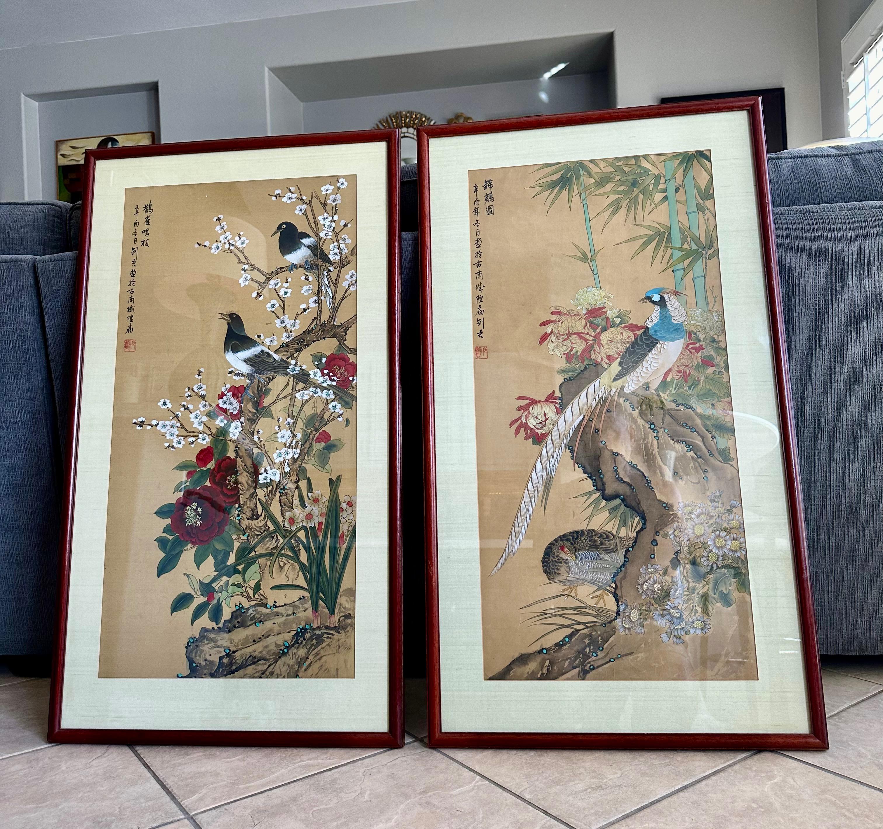 Mid-20th Century Pair Chinese Asian Silk Watercolor Framed Paintings For Sale