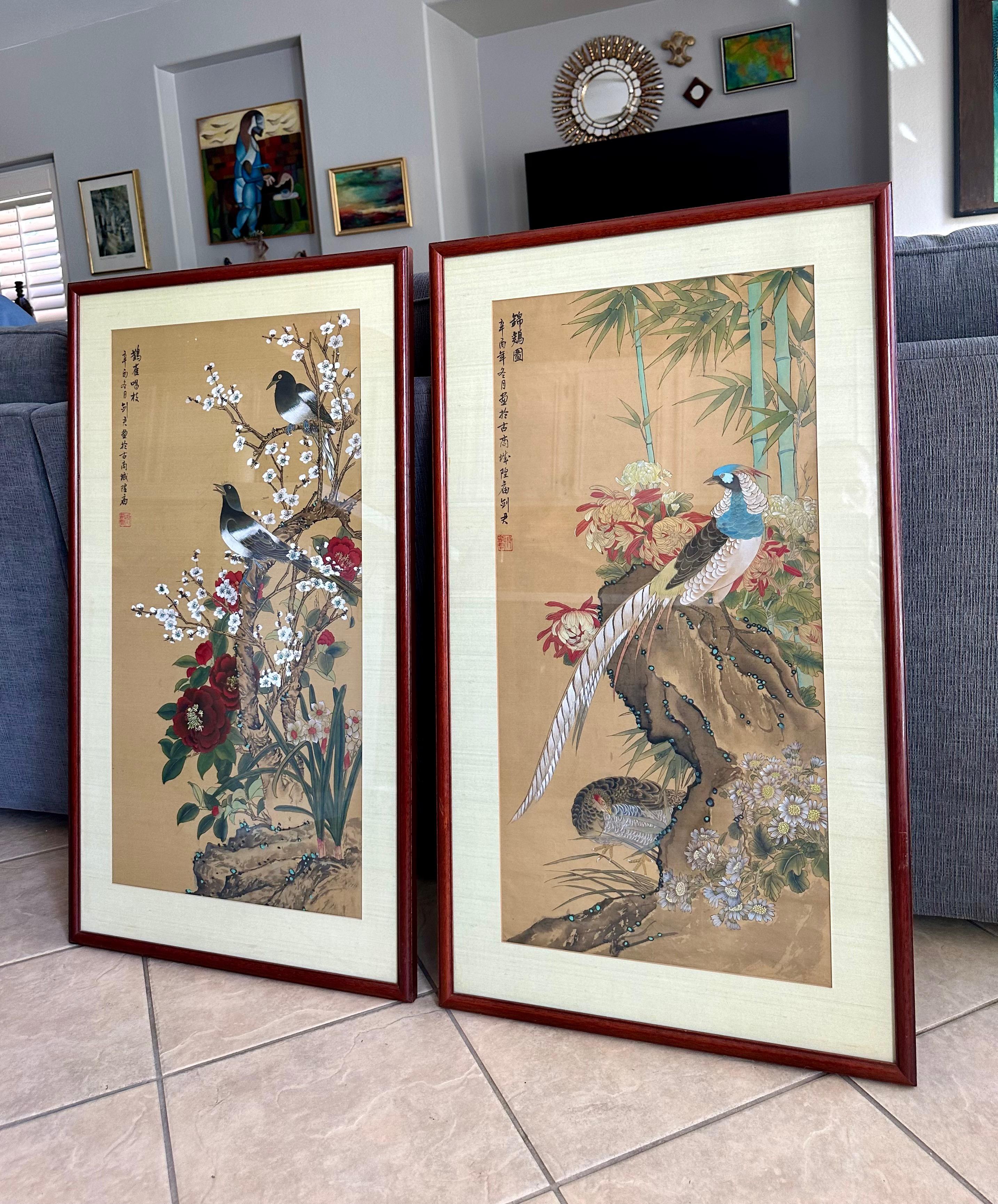 Pair Chinese Asian Silk Watercolor Framed Paintings For Sale 1