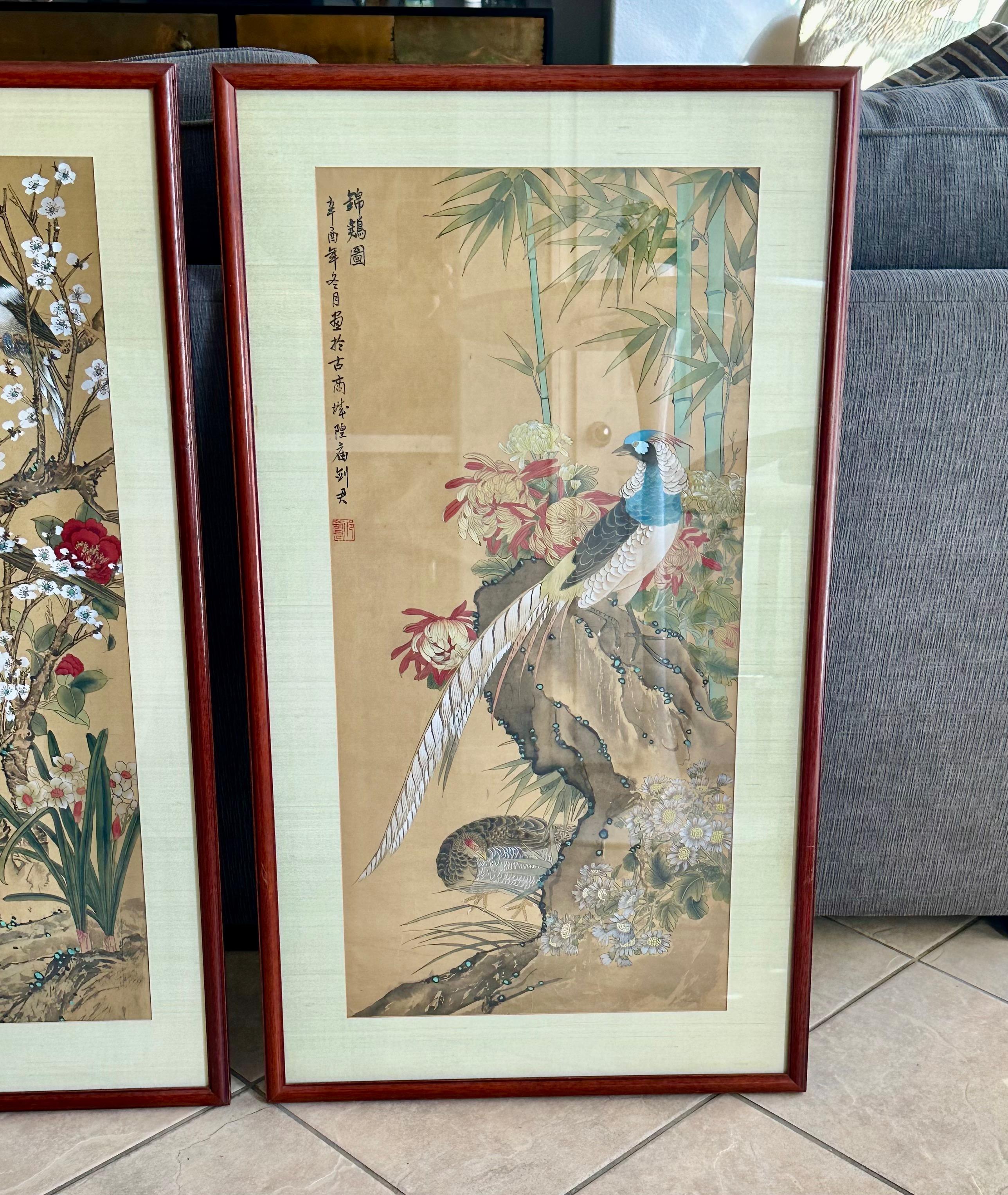 Pair Chinese Asian Silk Watercolor Framed Paintings For Sale 2
