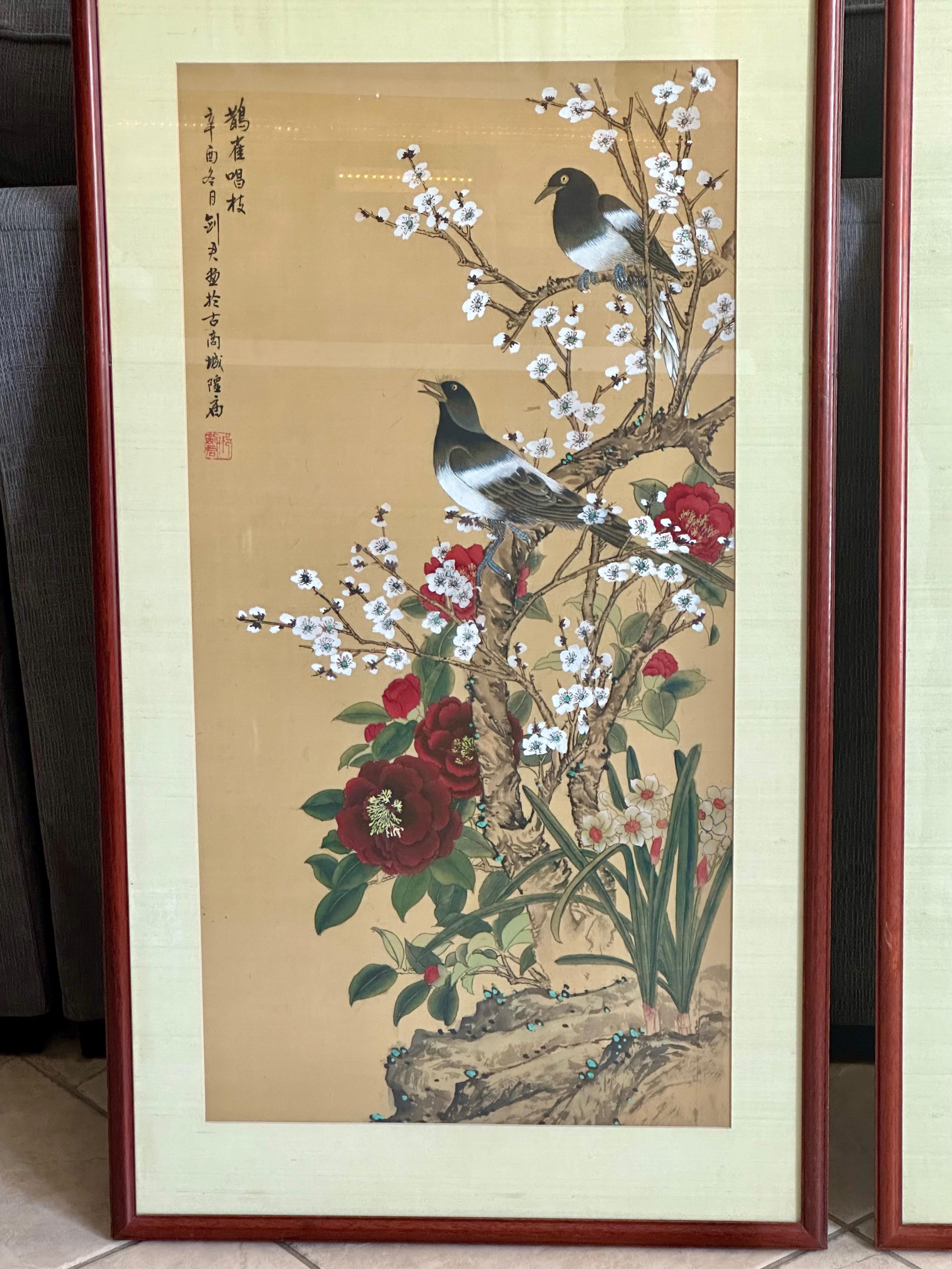 Pair Chinese Asian Silk Watercolor Framed Paintings For Sale 3