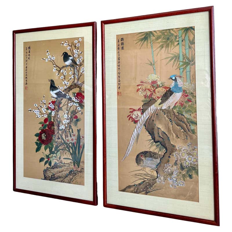 Traditional Chinese Painting on Silk, 2 Women. Unusual Carved and Gilt ...